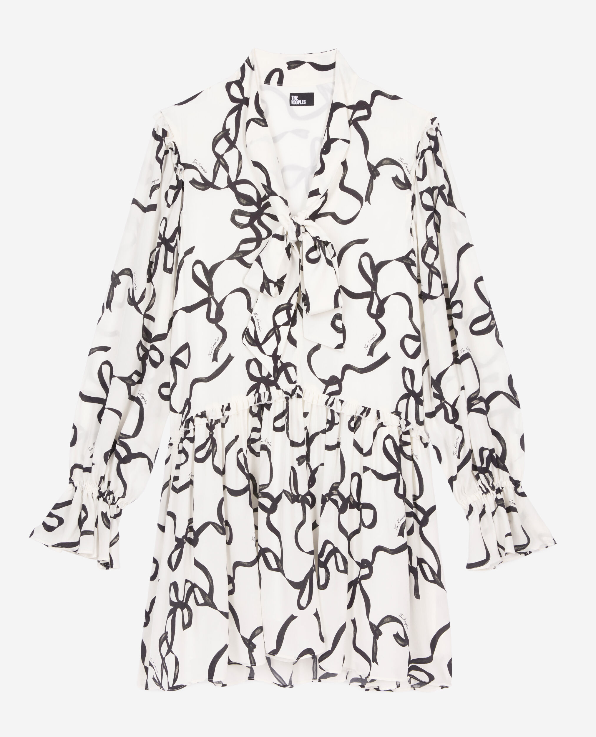 Short silk dress with ribbon print, WHITE / BLACK, hi-res image number null