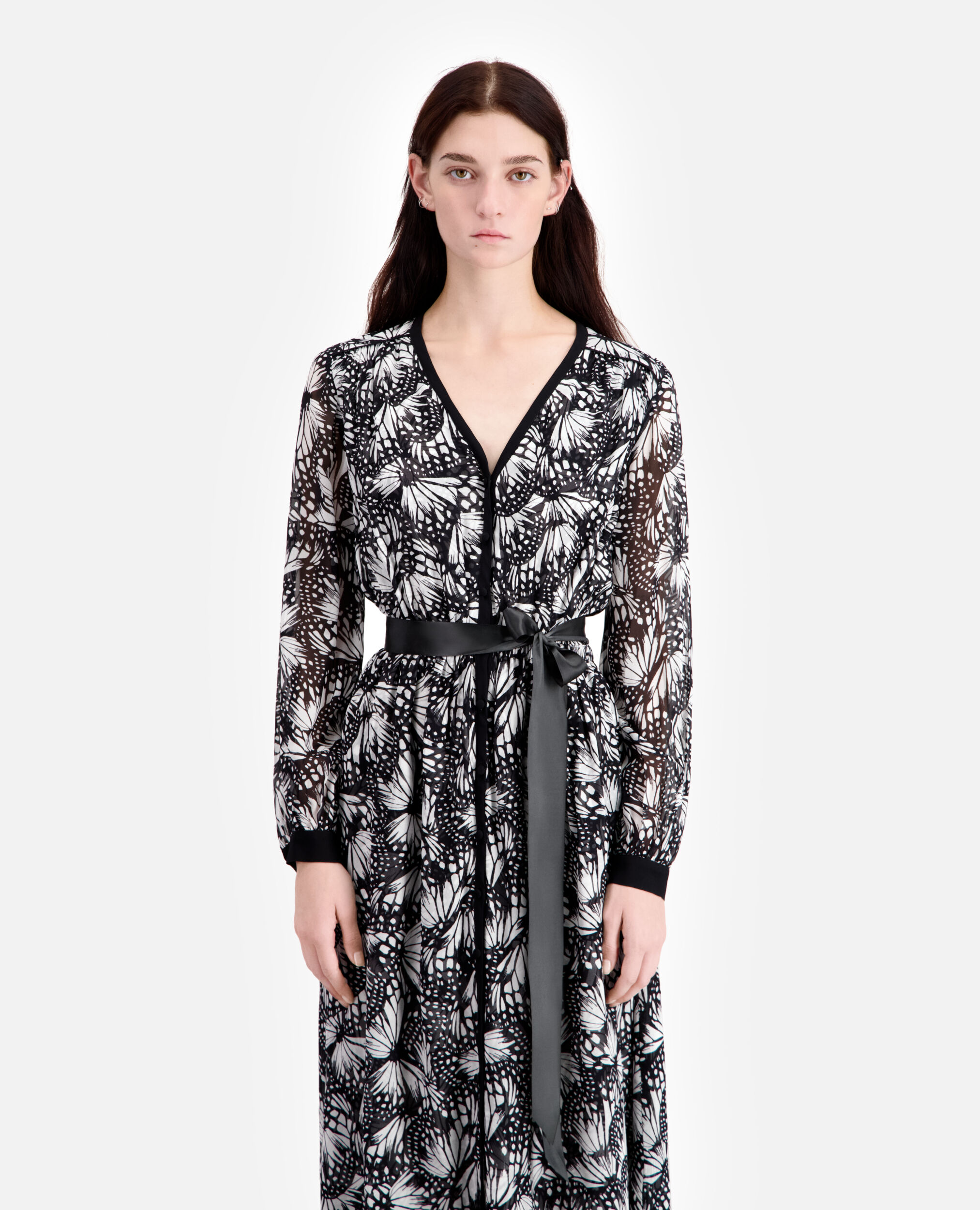 Long printed dress with buttoning, BLACK WHITE, hi-res image number null