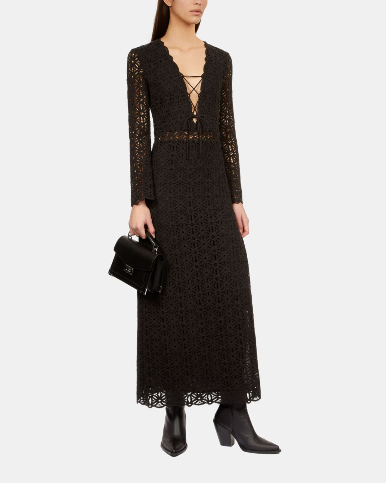The Kooples MUJER BLACK vestido largo negro guipur
