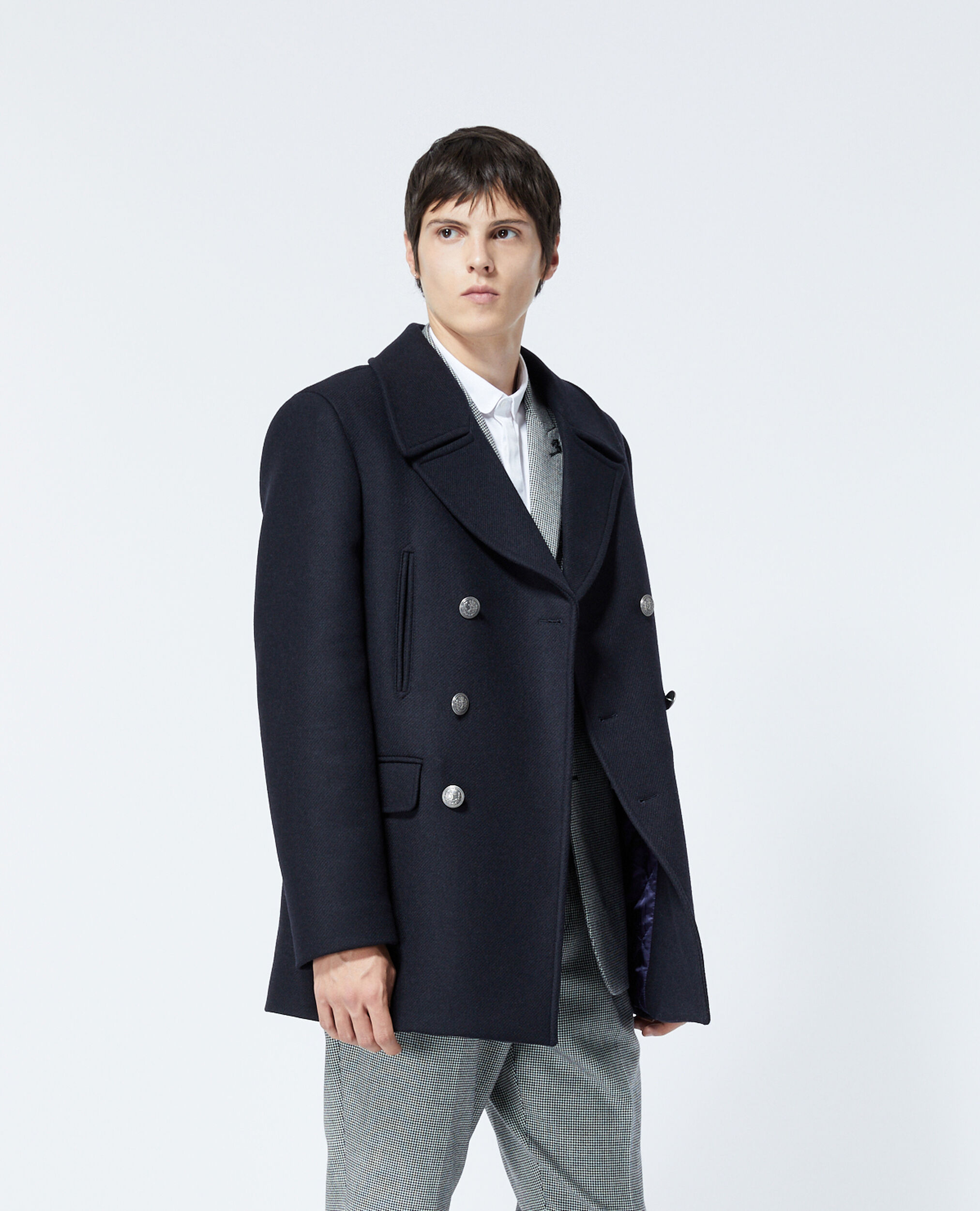 Navy blue wool pea coat with black buttons The Kooples