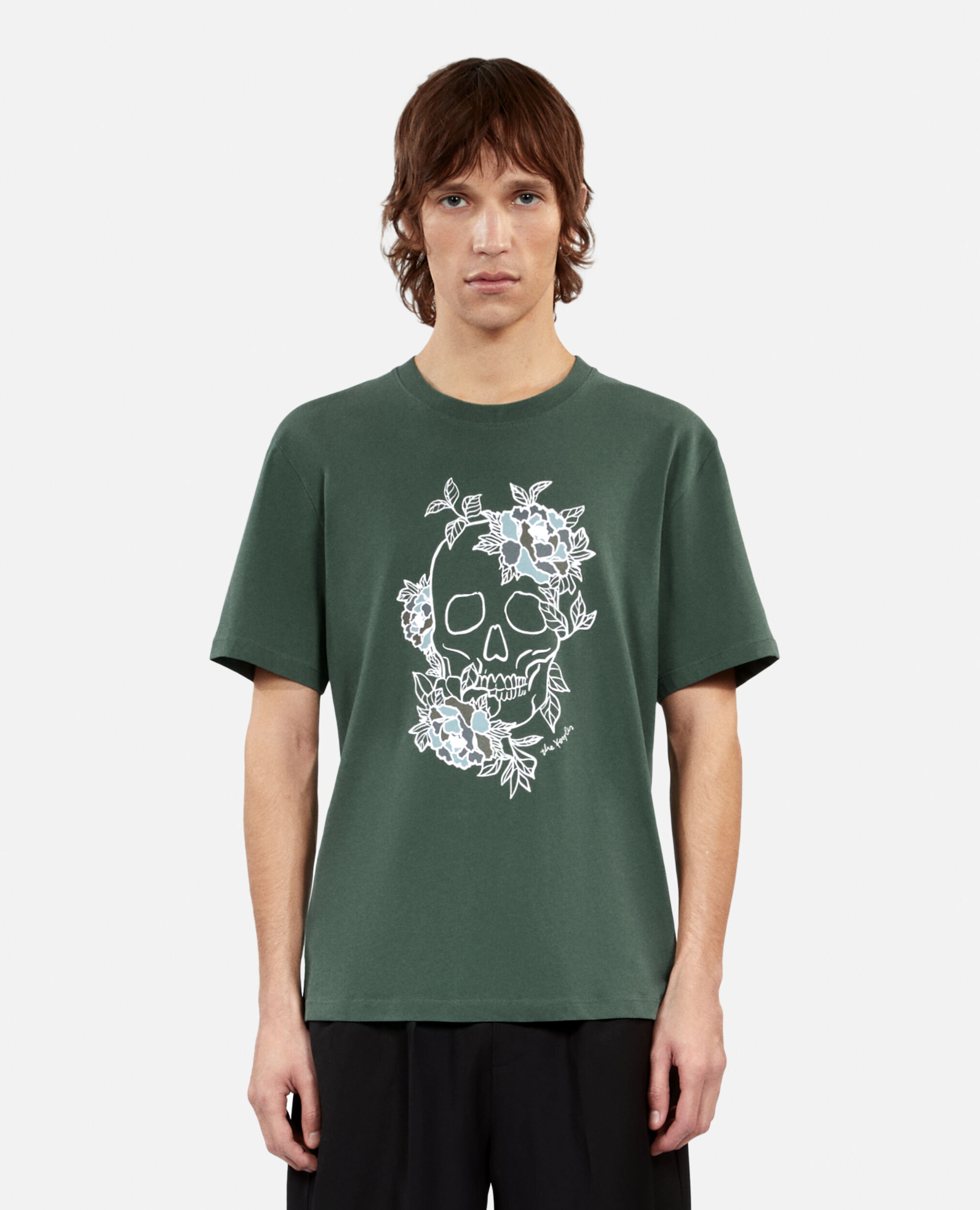 Men's green t-shirt with Flower skull serigraphy, FOREST, hi-res image number null