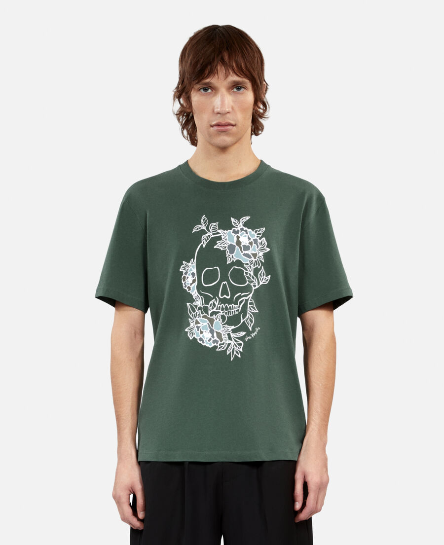 men's green t-shirt with flower skull serigraphy