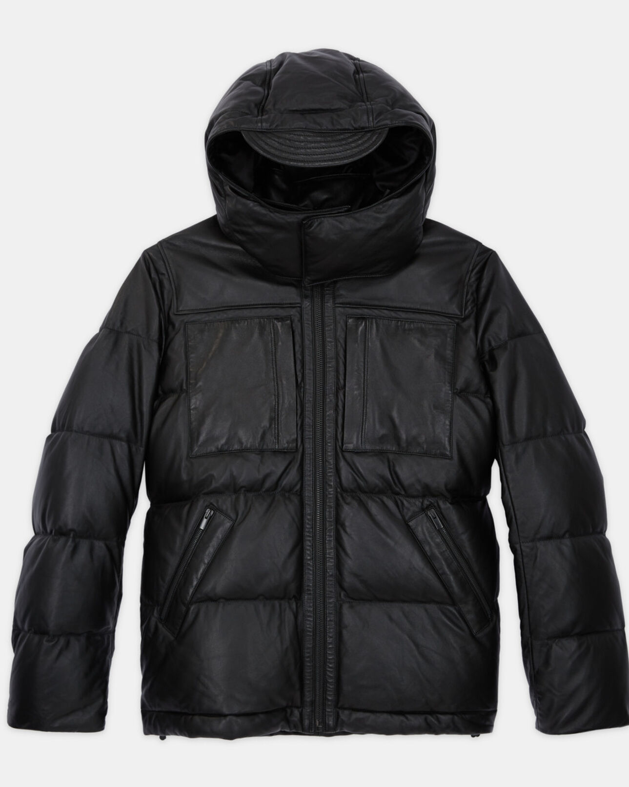 The Kooples HOMME BLACK doudoune courte en cuir noir bretelles