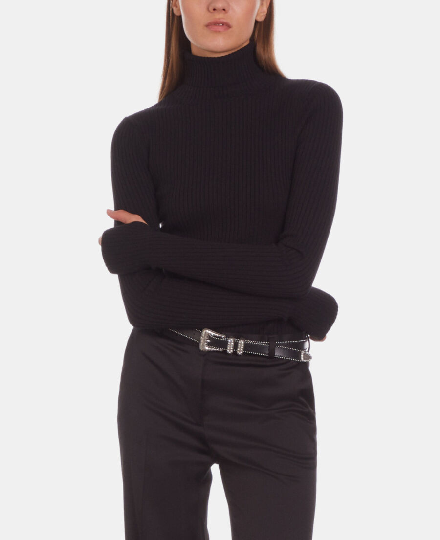 ceinture en cuir noir bordée de billes avec boucle western à strass
