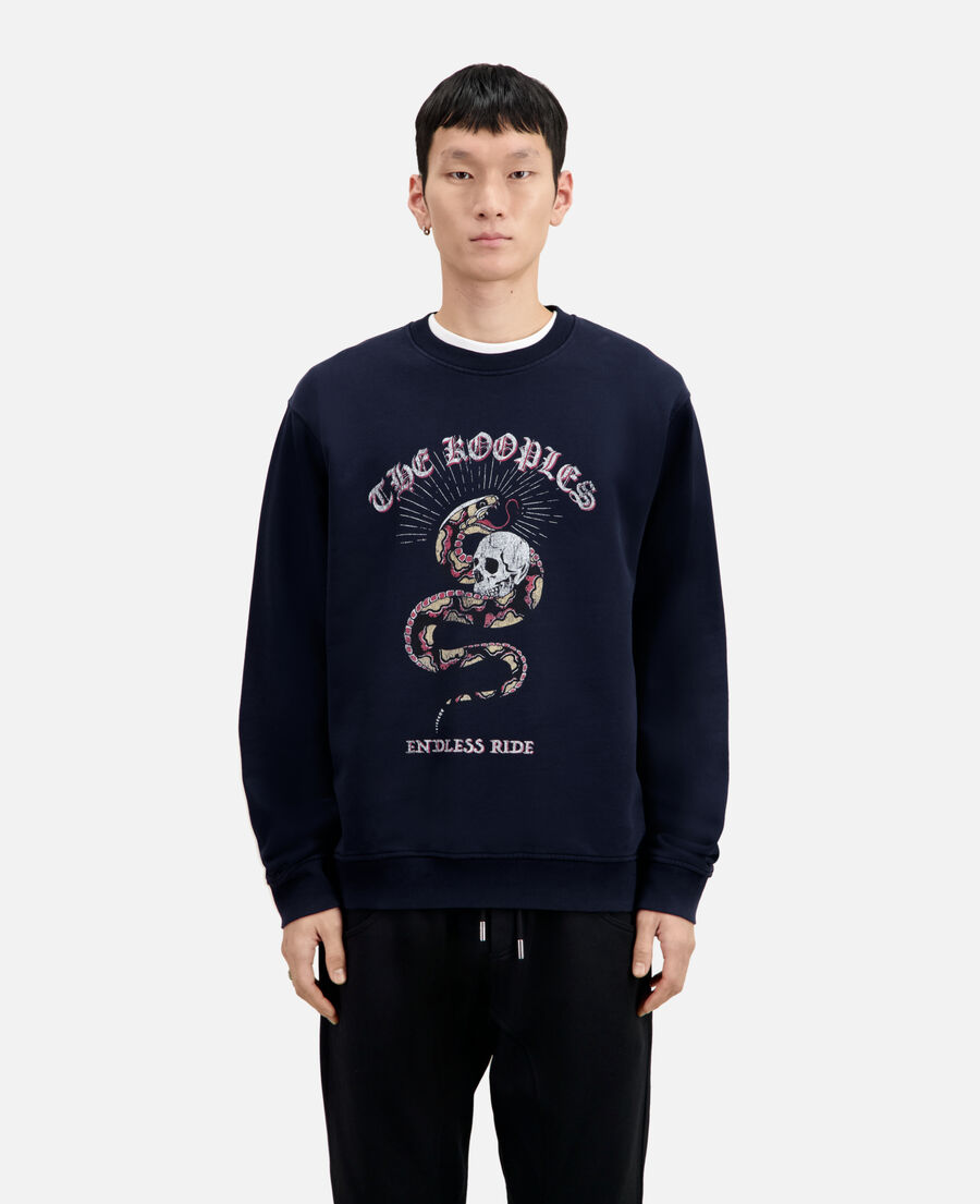 navy blue sweatshirt with sneaky snake serigraphy