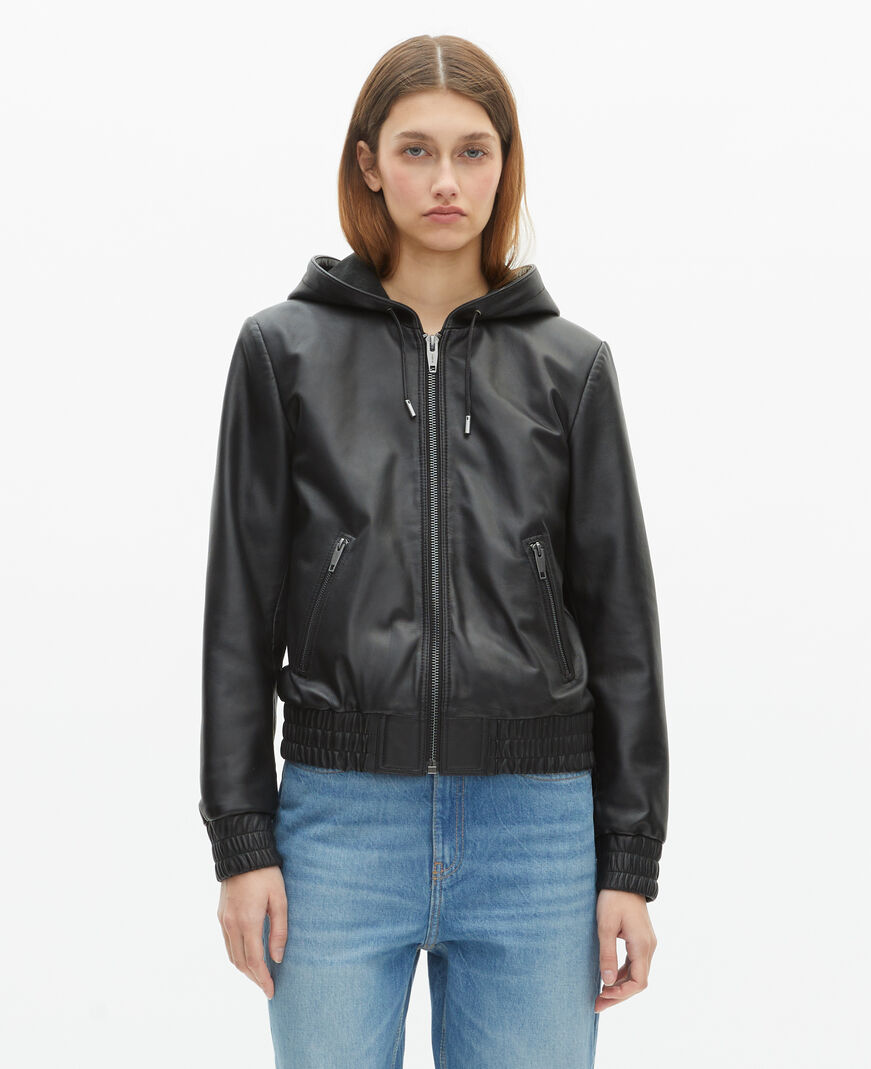 The Kooples FEMME BLACK blouson à capuche en cuir noir