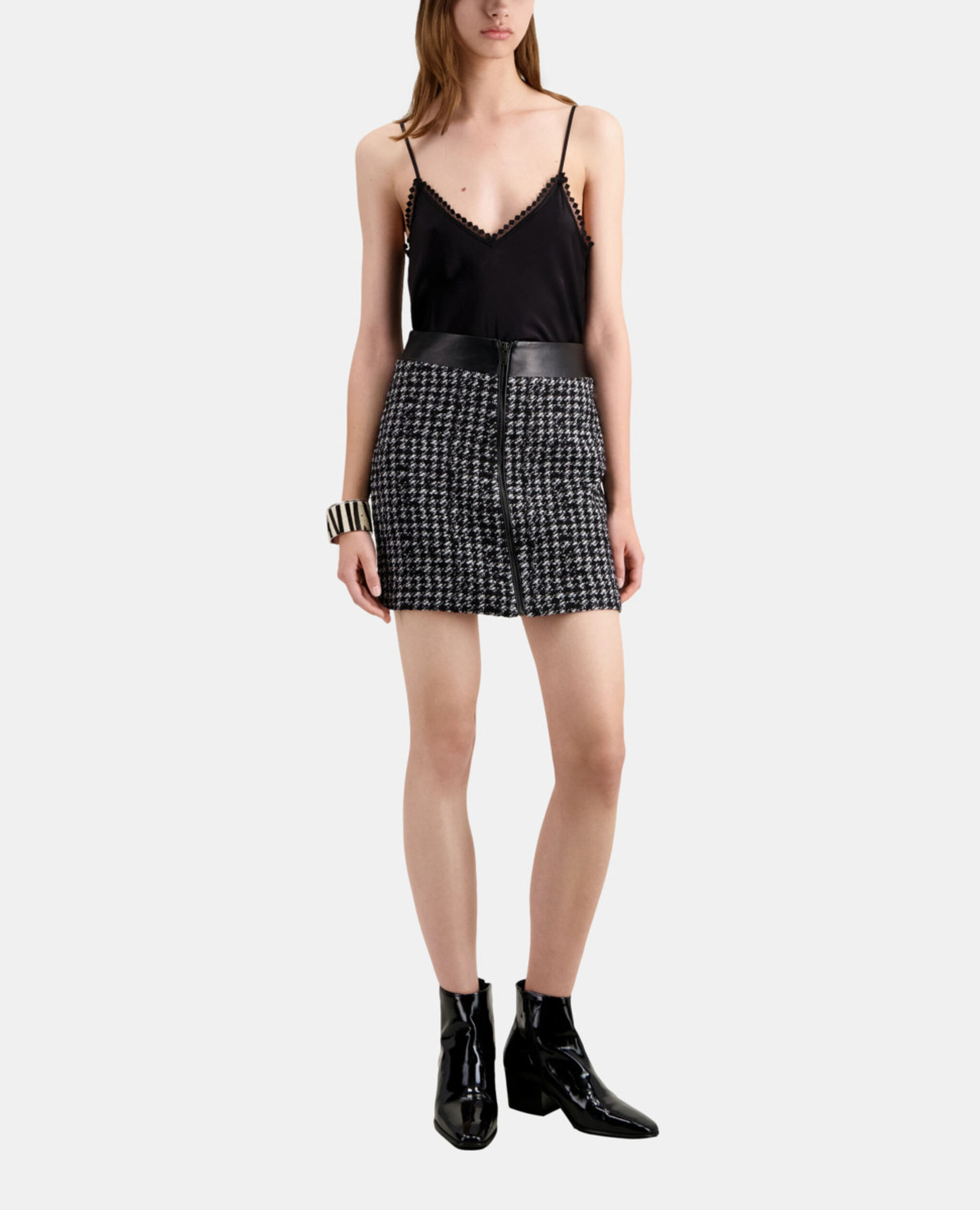 Short black tweed skirt, BLACK WHITE, hi-res image number null