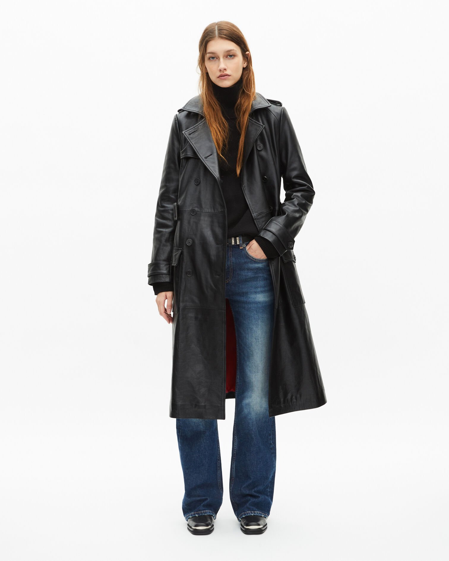 Long black leather trench coat, BLACK, hi-res image number null