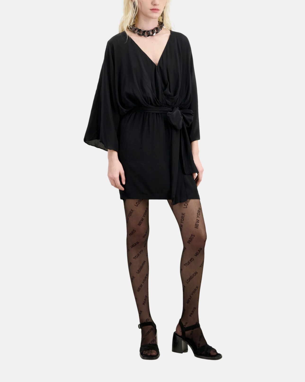 The Kooples WOMEN BLACK short belted kimono dress in silk viscose