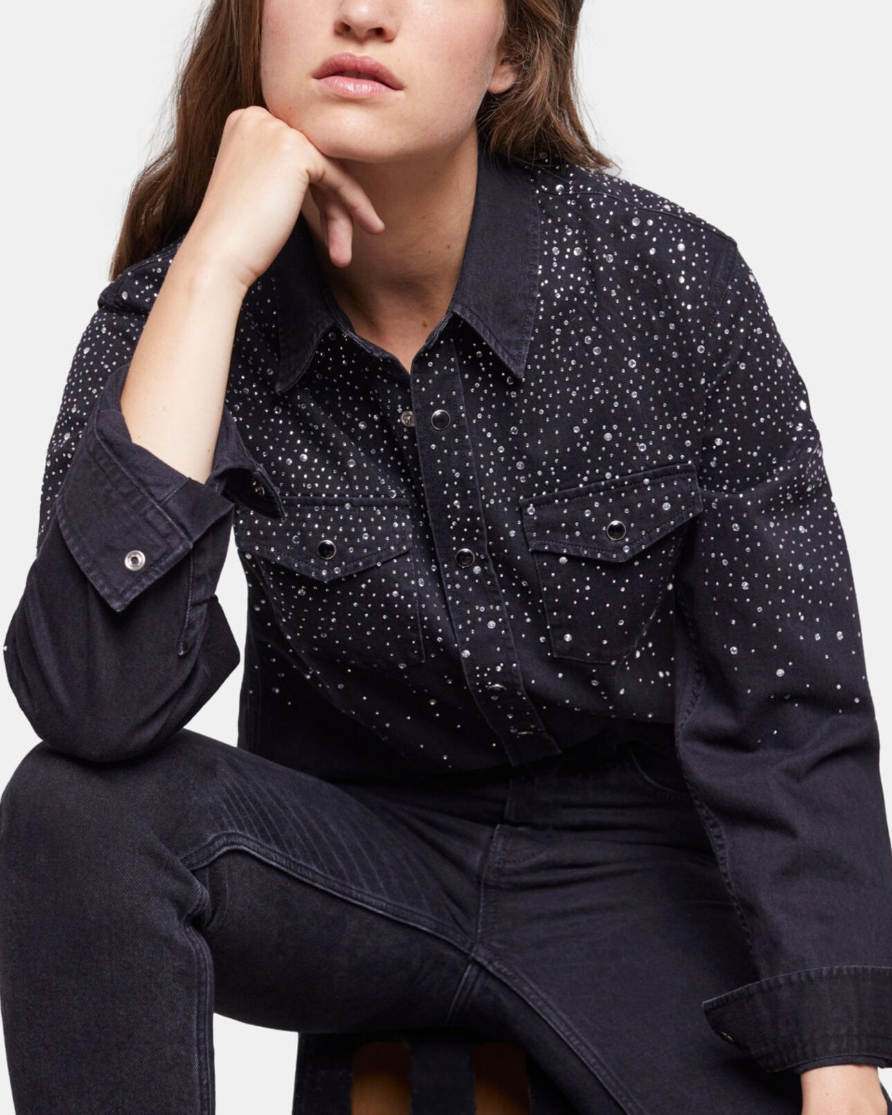 The Kooples FEMME BLACK WASHED chemise détails strass noire