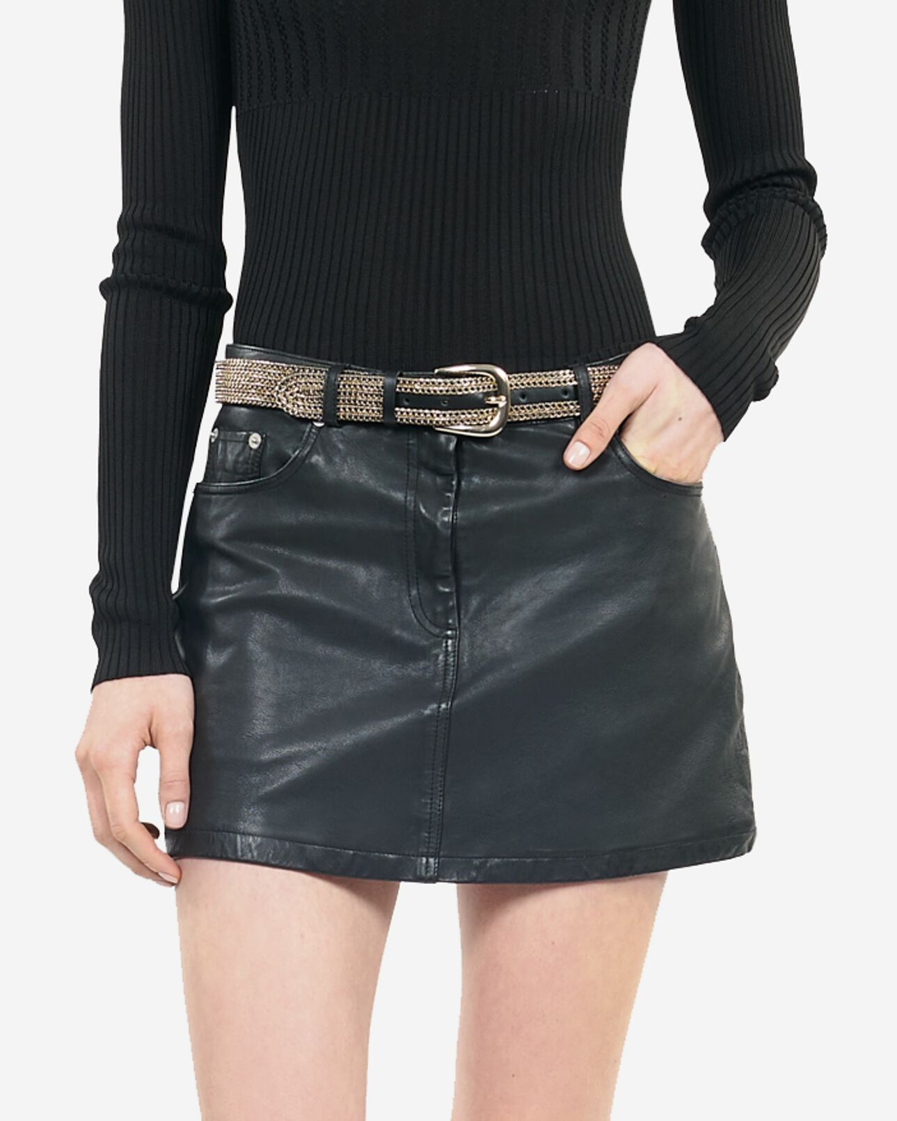 The Kooples WOMEN GOLD black leather belt with chains