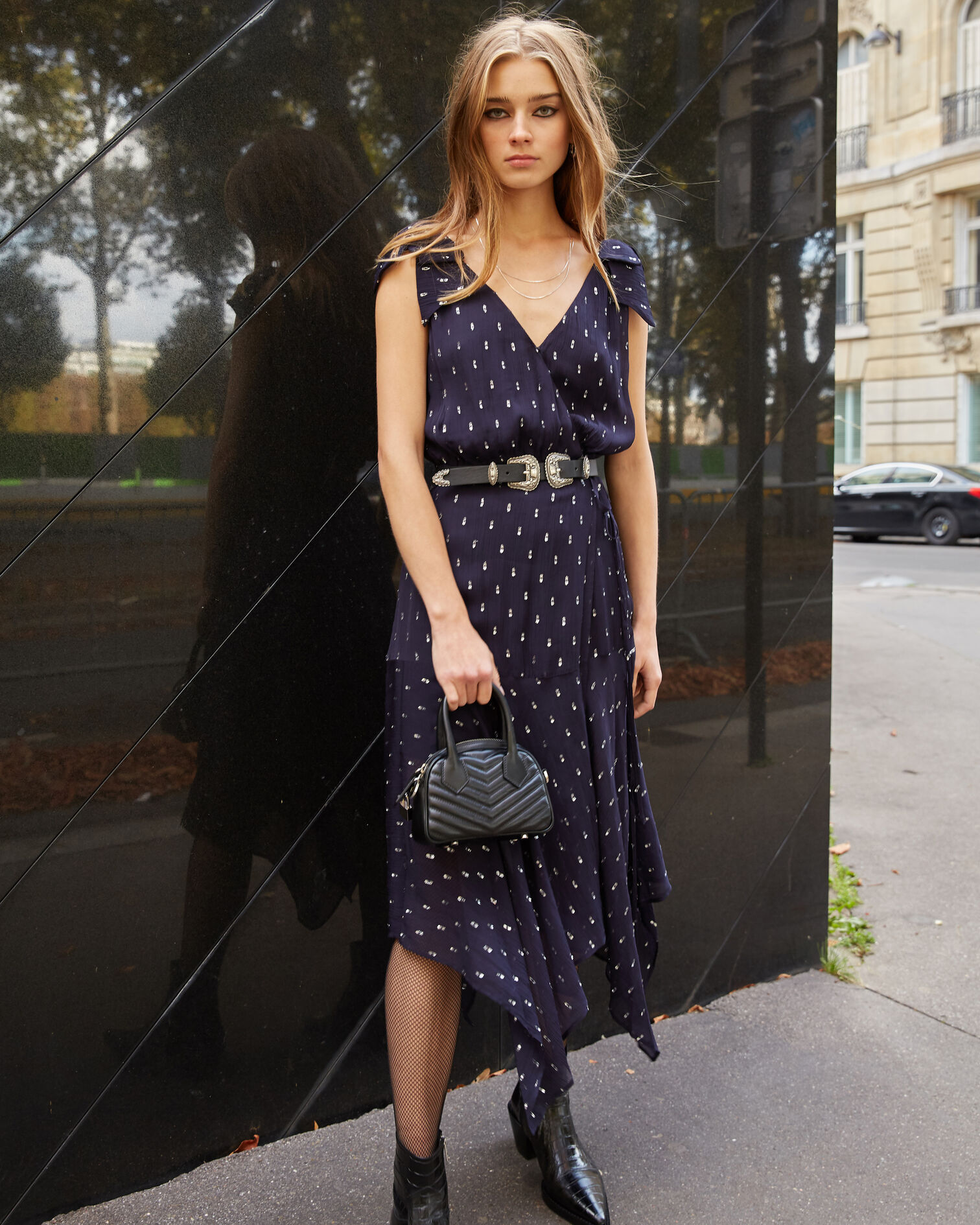 Polka-dot long wrap dress, NAVY, hi-res image number null
