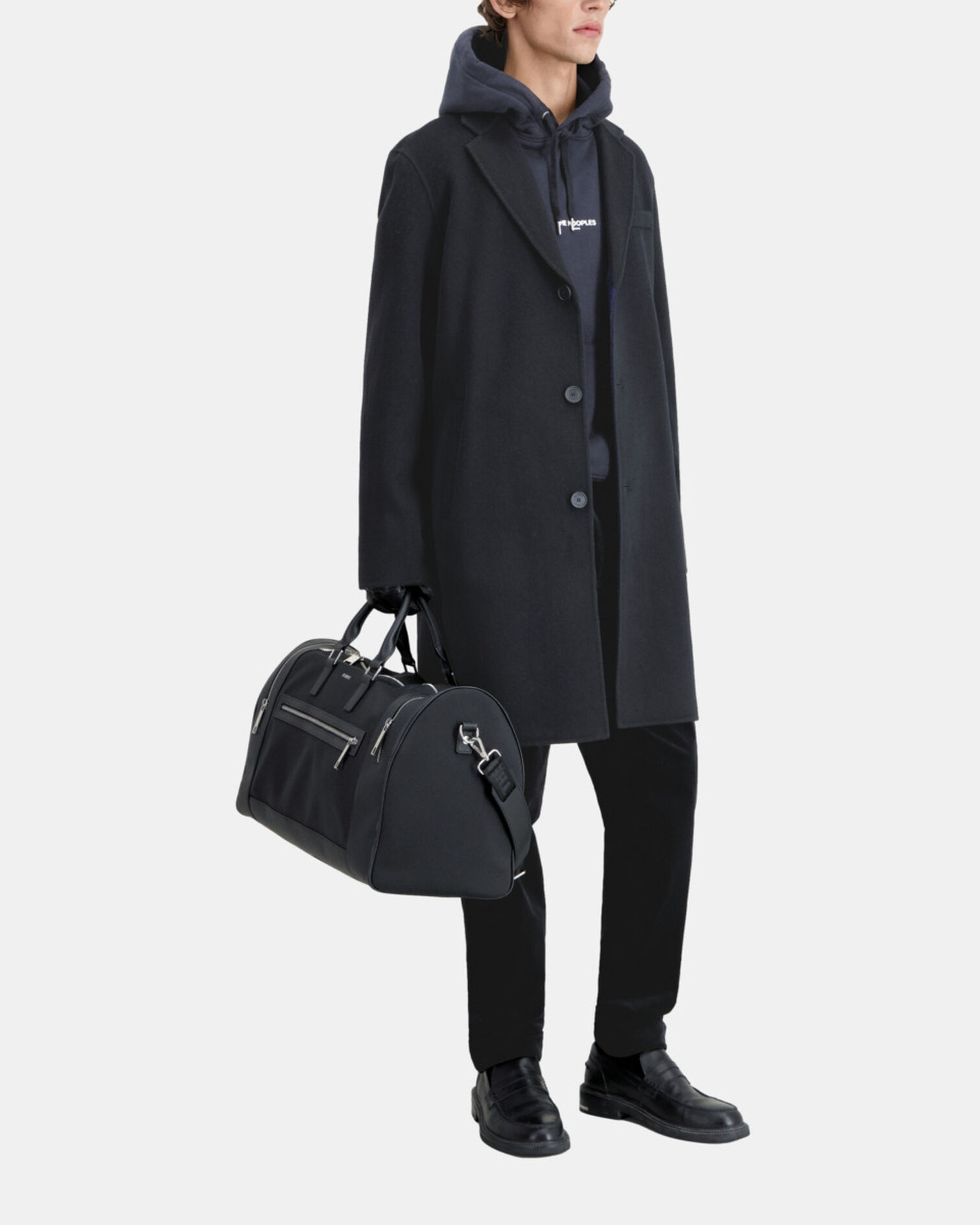 Wool-blend mid-length black coat, BLACK NAVY, hi-res image number null