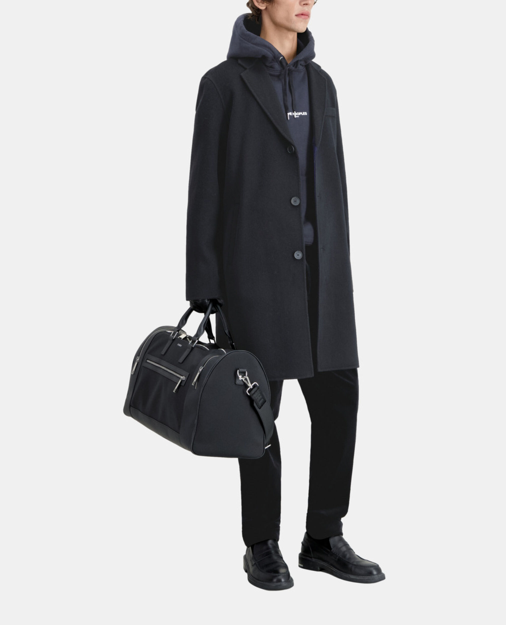 Langer schwarzer Mantel aus Wolle, BLACK NAVY, hi-res image number null