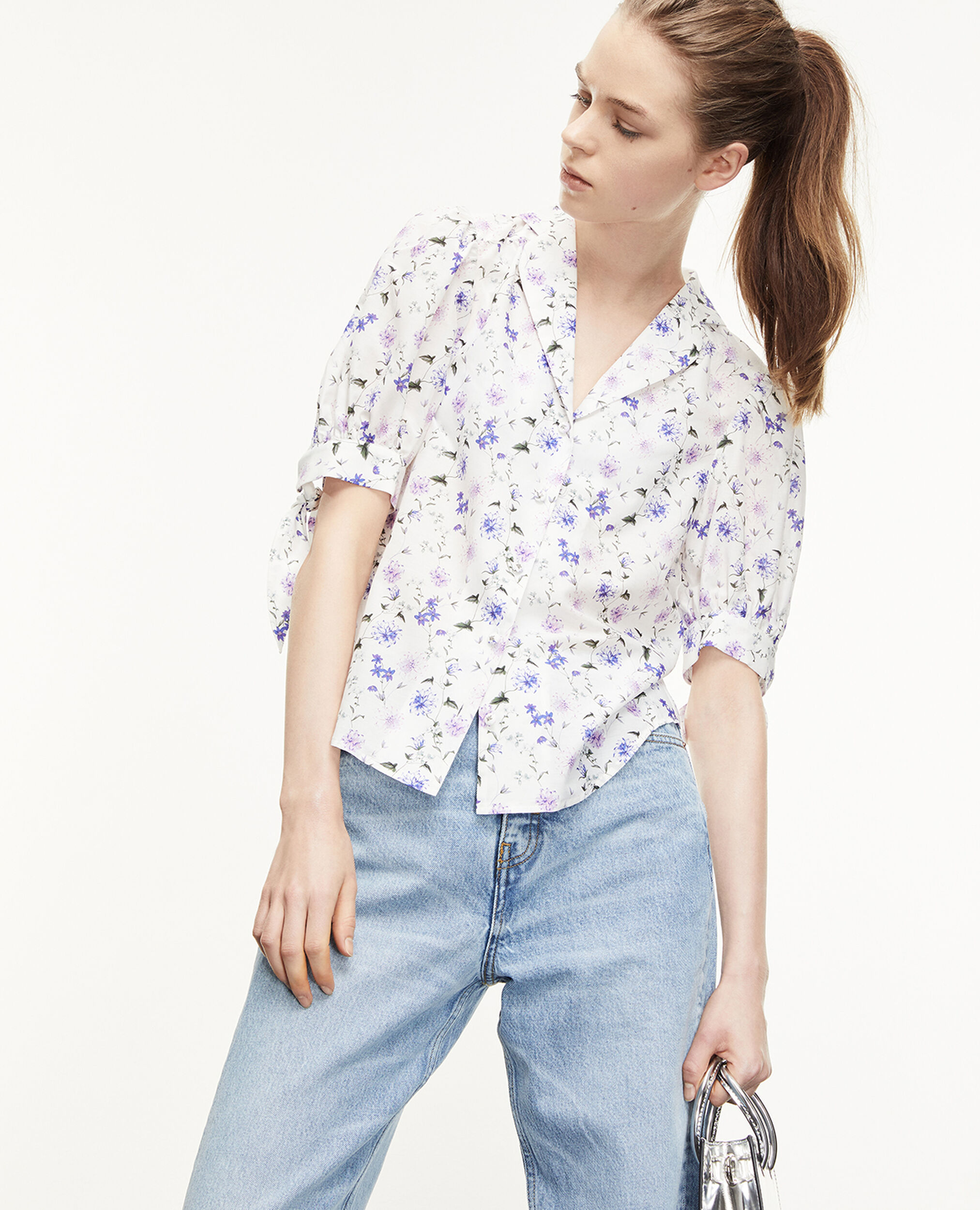 Fitted printed shirt with bow detail, ECRU / LAVENDER, hi-res image number null