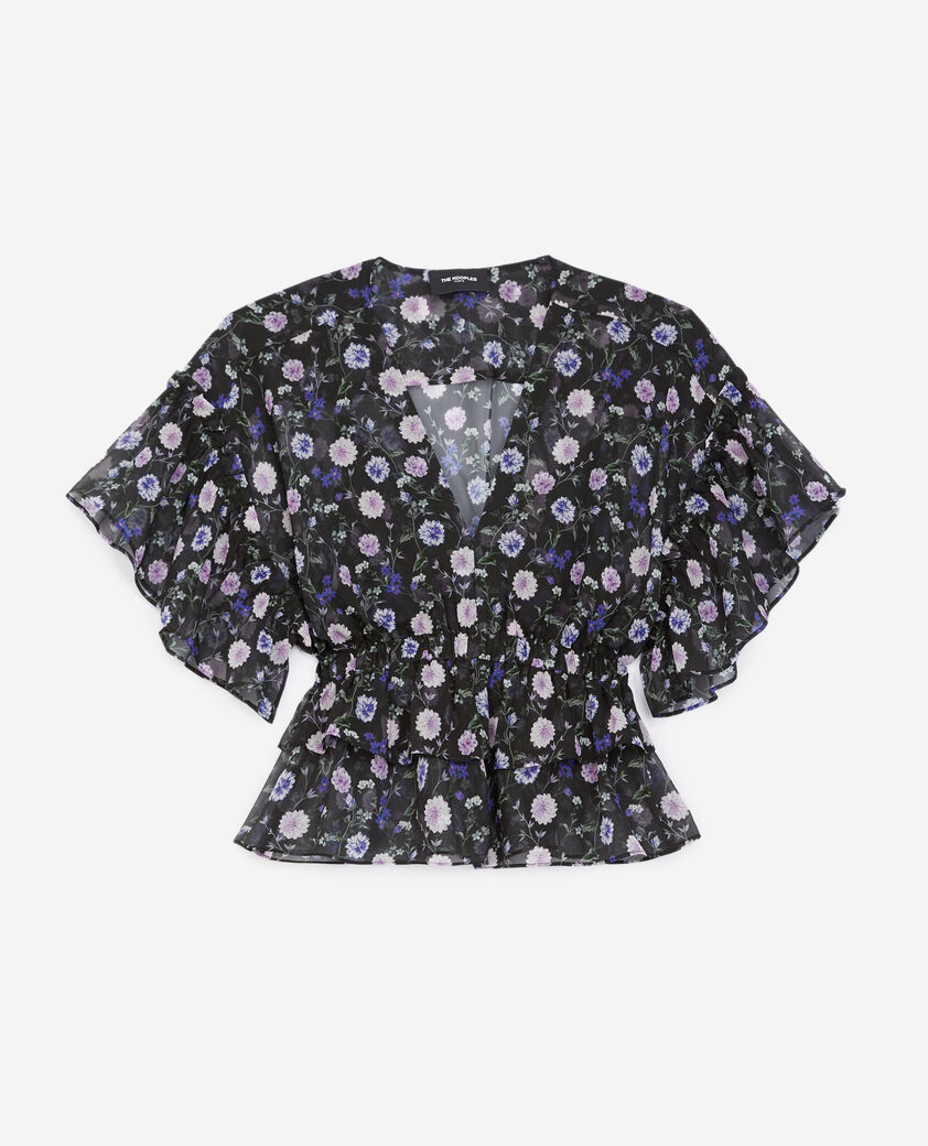 The Kooples WOMEN BLACK-PURPLE short-sleeved silk top with print