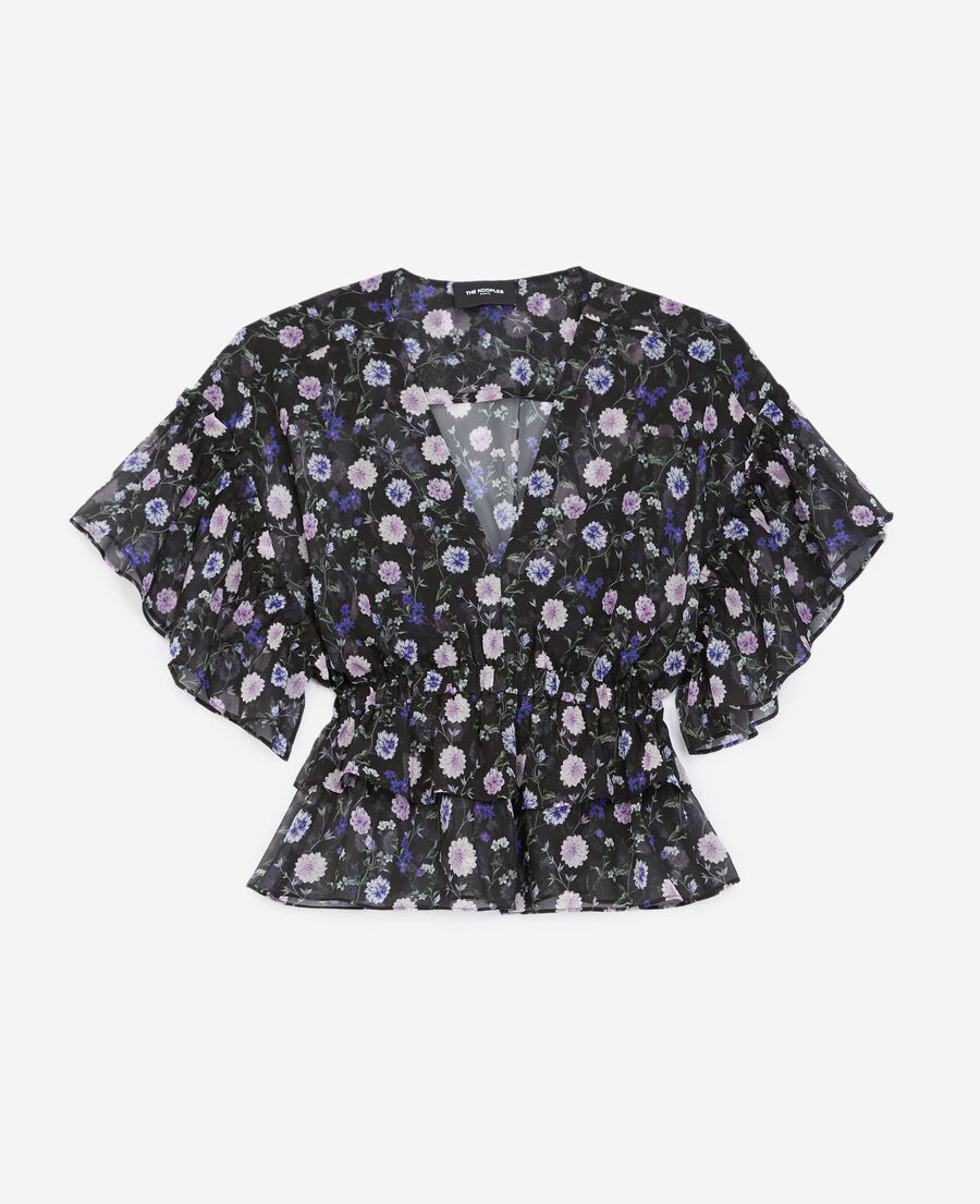 The Kooples WOMEN BLACK-PURPLE short-sleeved silk top with print