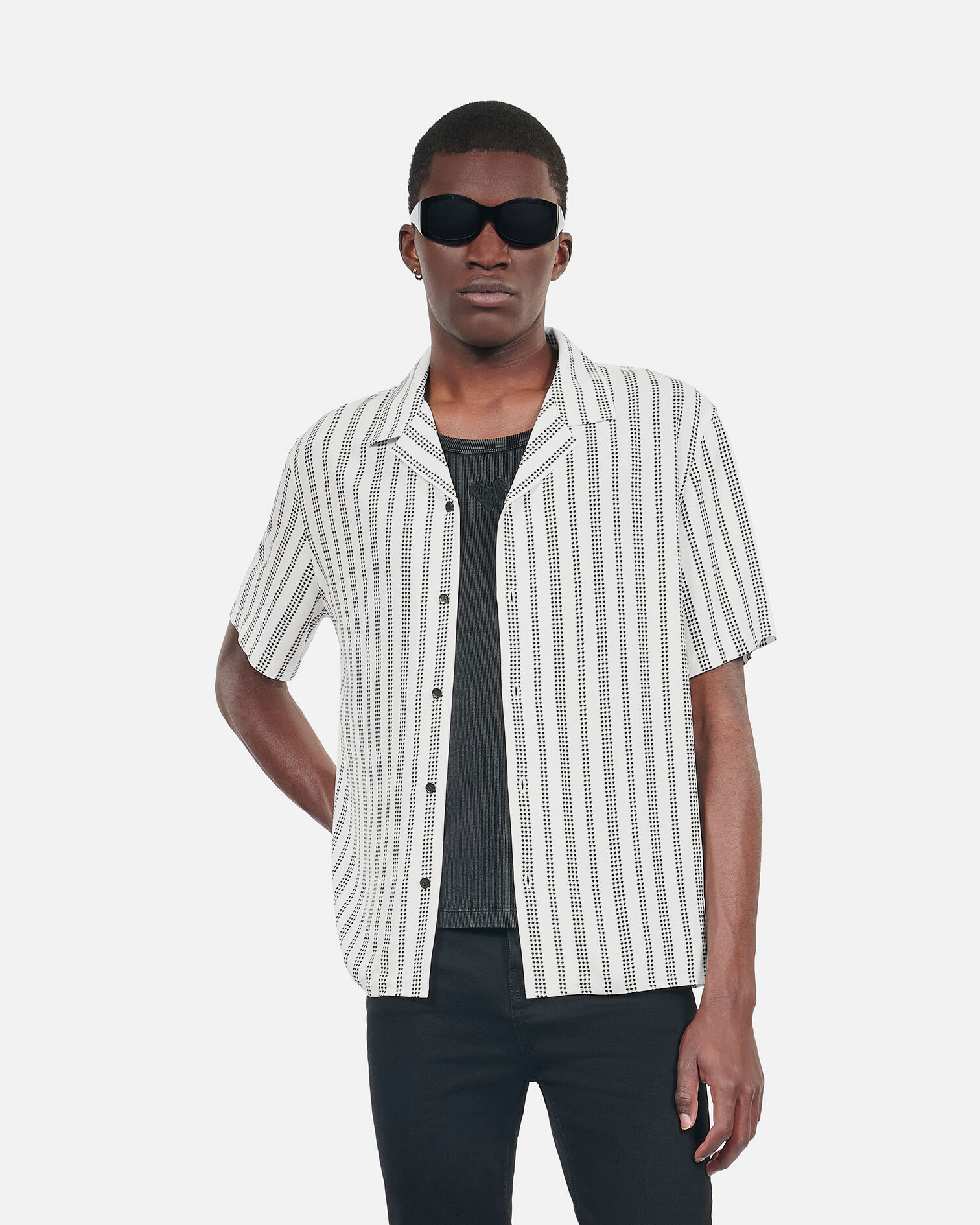 Chemise manches courtes imprimé pied de poule, ECRU BLACK, hi-res image number null