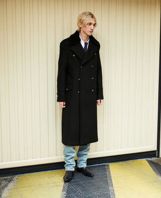 The Kooples MEN BLACK long black wool coat with sherpa collar