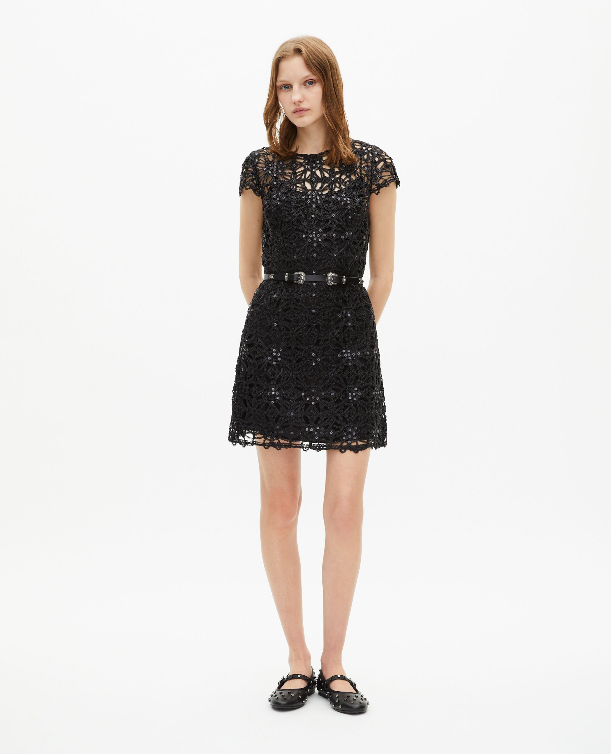 Short black guipure dress, BLACK, hi-res image number null