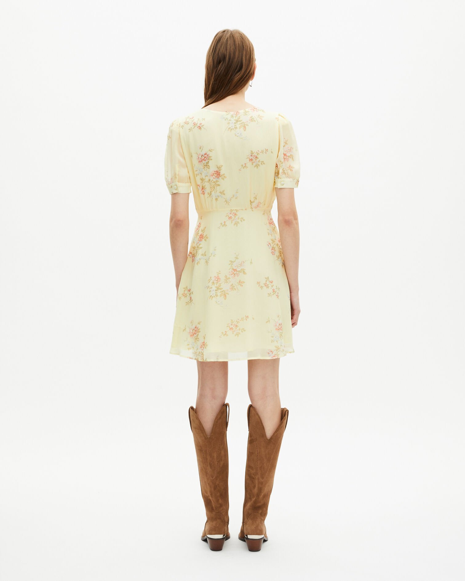 Short yellow floral print dress, YELLOW, hi-res image number null