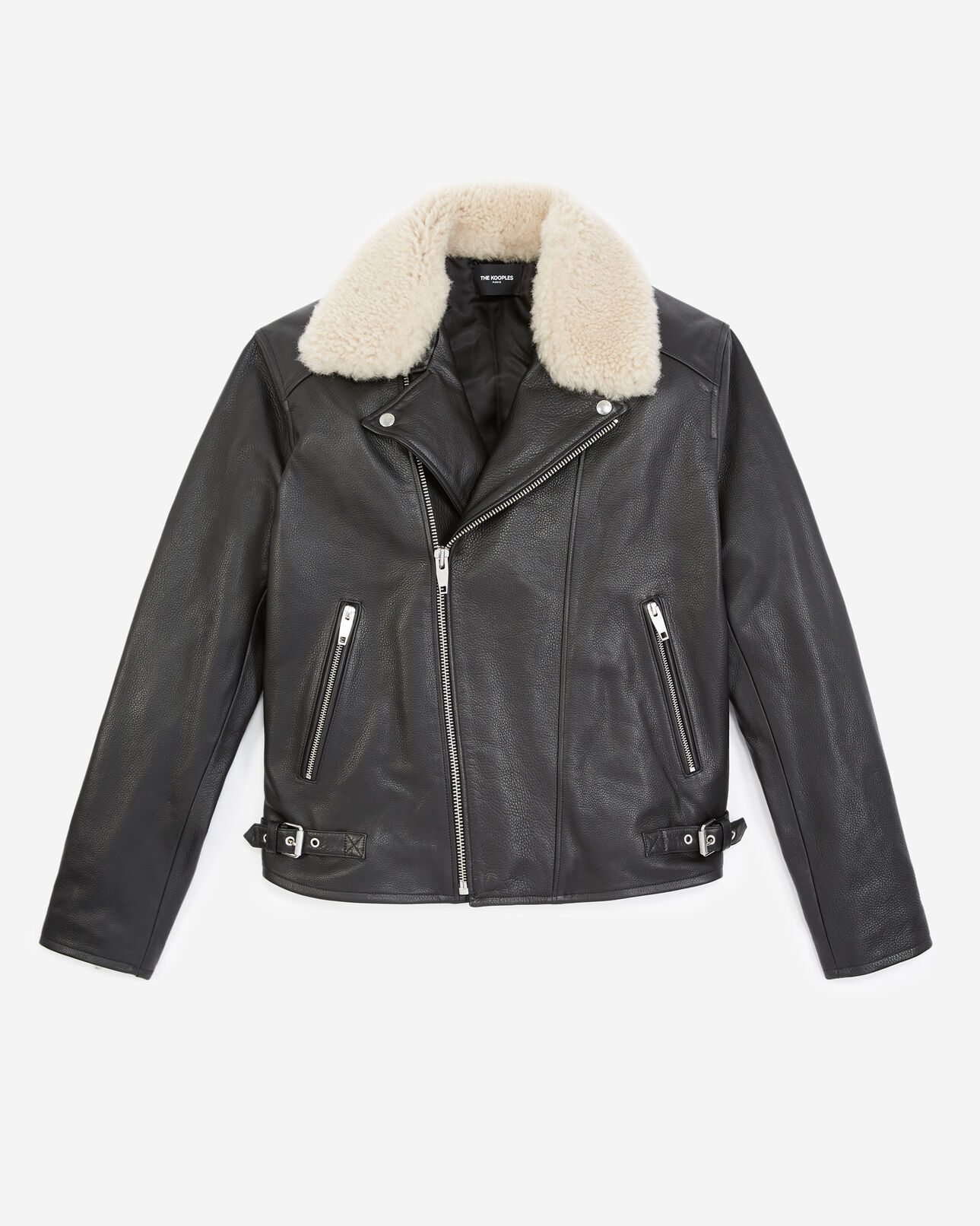 The Kooples MEN BLACK-ECRU black leather jacket w/white sheepskin collar