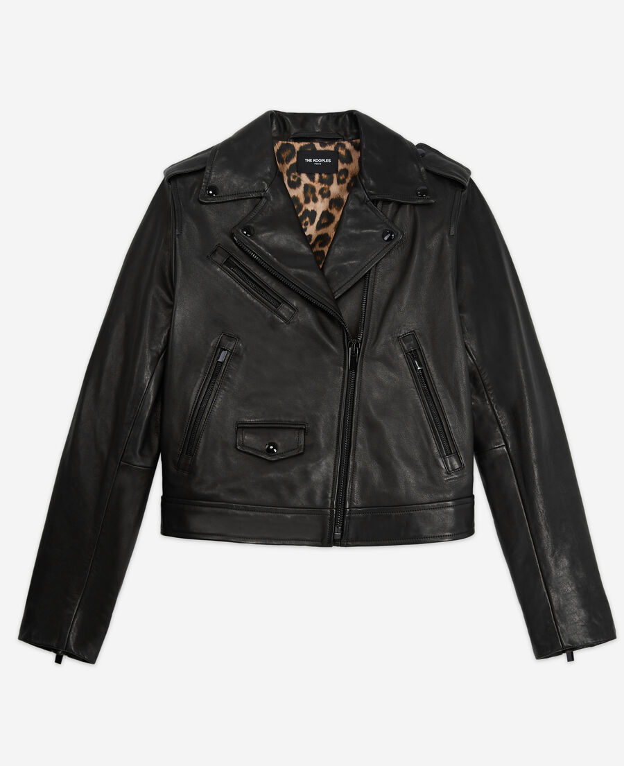 Black leather jacket with leopard print lining