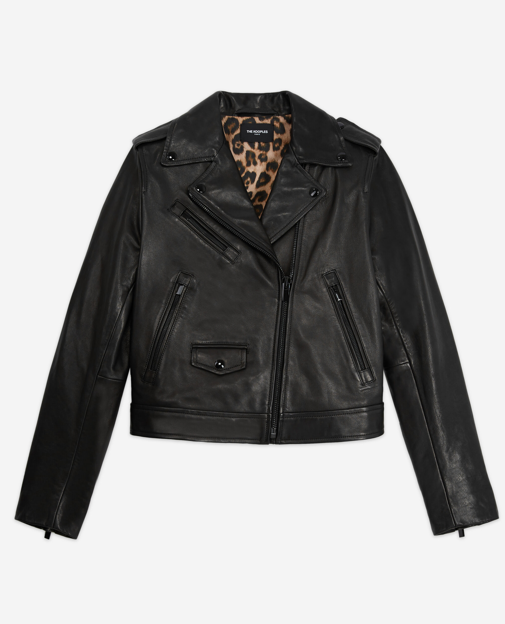 Schwarze Lederjacke mit Leopardenfutter, BLACK, hi-res image number null