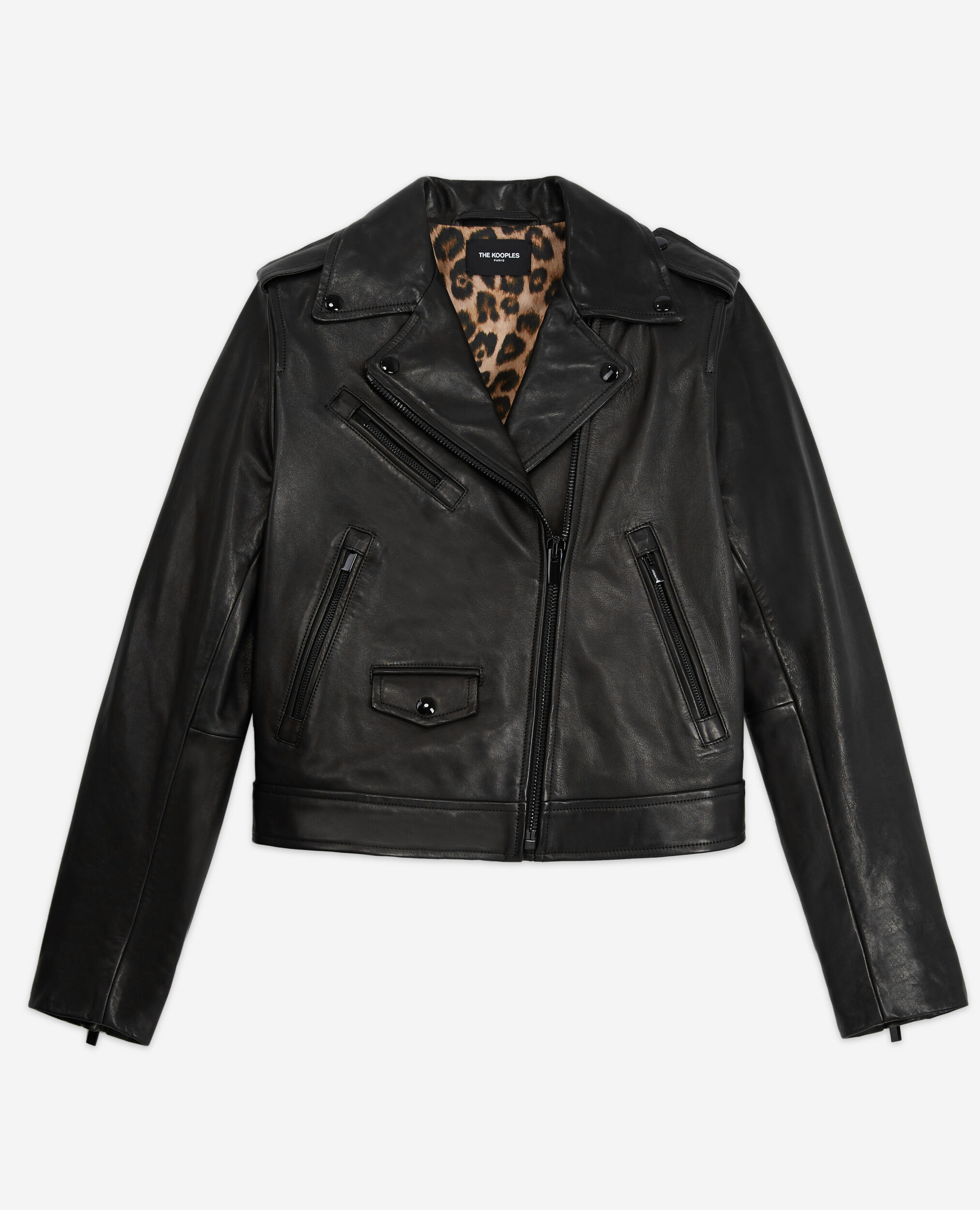 Black leather jacket with leopard lining, BLACK, hi-res image number null
