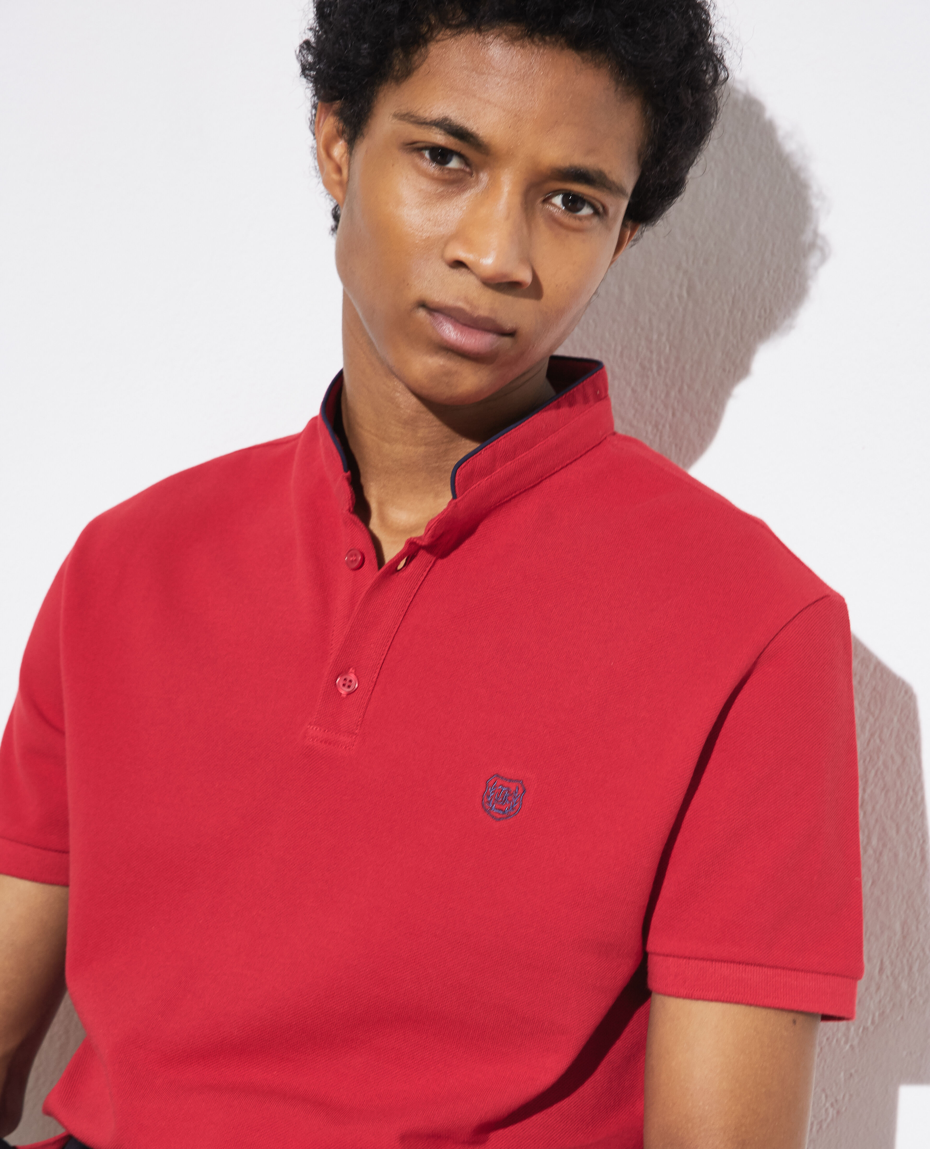 Collarless red polo shirt with navy blue embroidery The Kooples