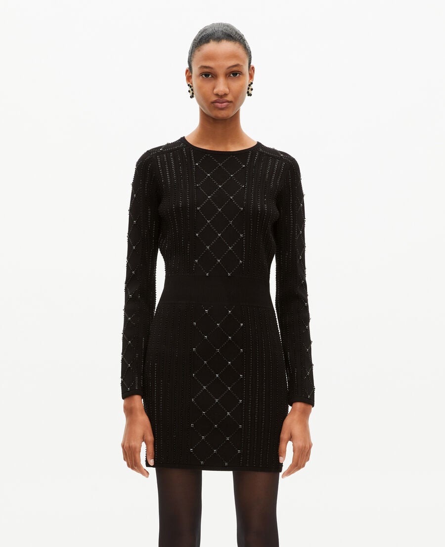 The Kooples WOMEN BLACK short knitted dress with rhinestones and pearls, black