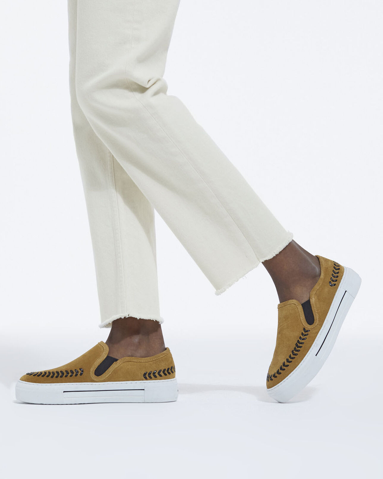 The Kooples WOMEN CAMEL low-top camel suede slip-on shoes with black details