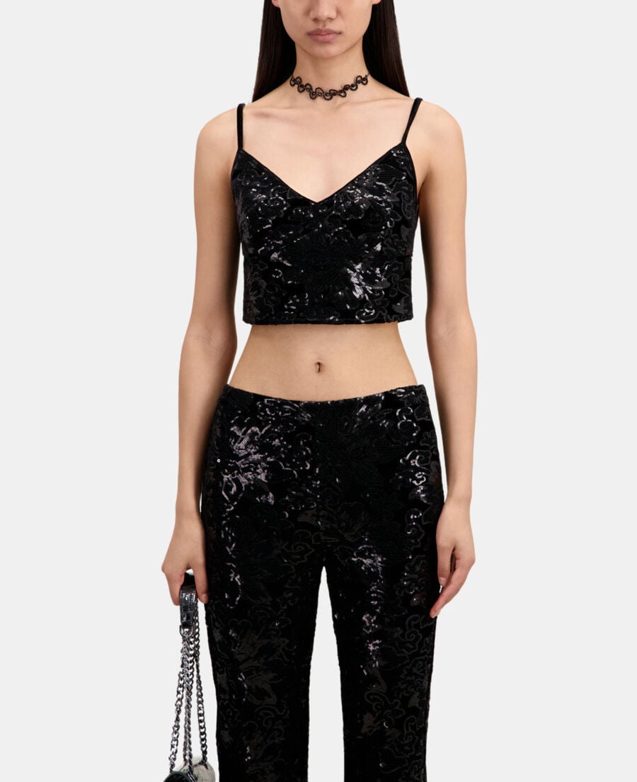 The Kooples FEMME BLACK top court en velours avec sequins noir