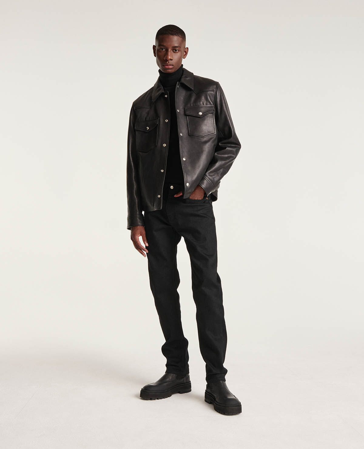 Black leather clearance jacket with patches
