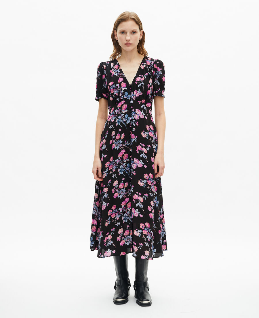 The Kooples FEMME BLACK / PINK robe longue imprimé fleuri noire