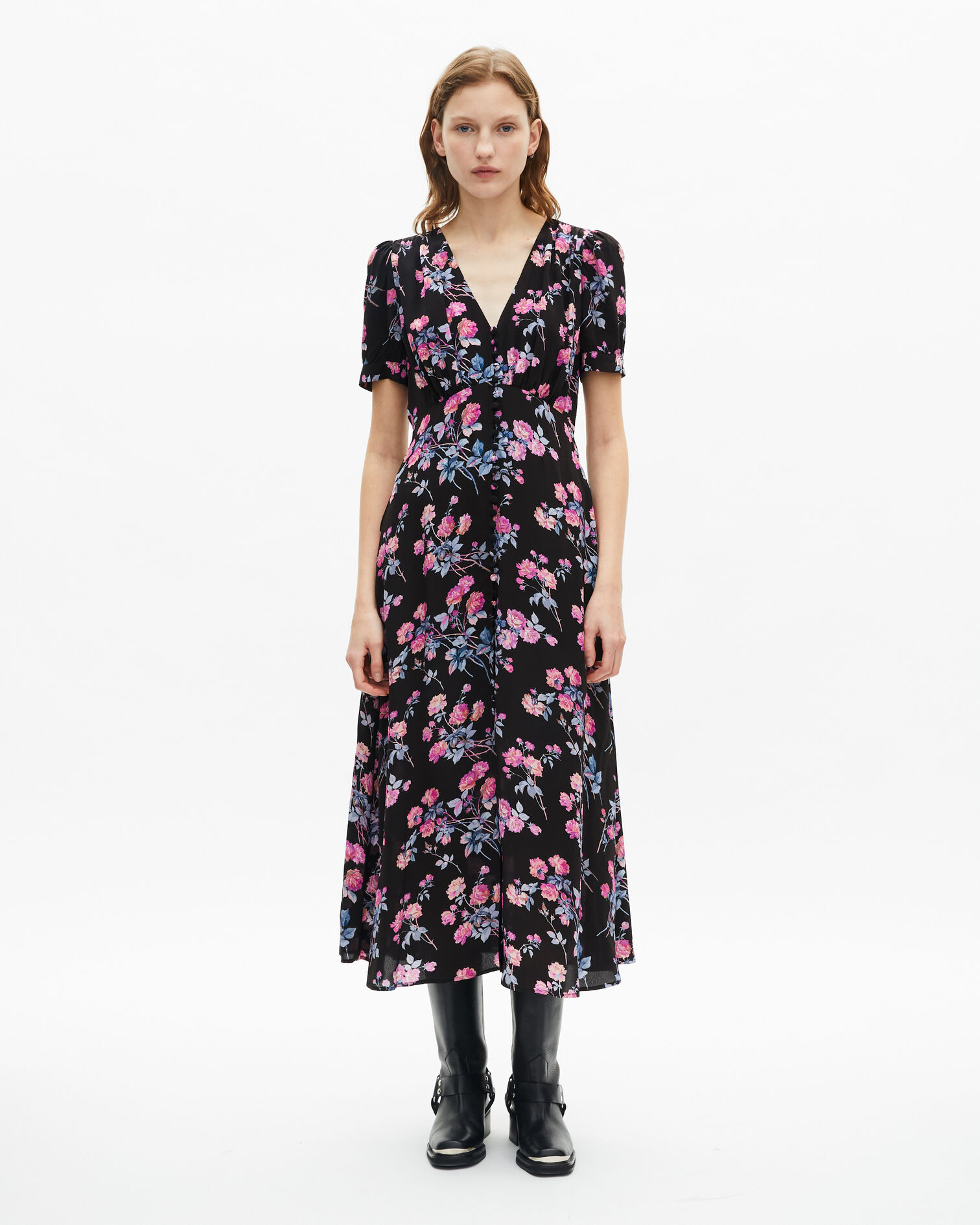 Black floral print long dress, BLACK / PINK, hi-res image number null