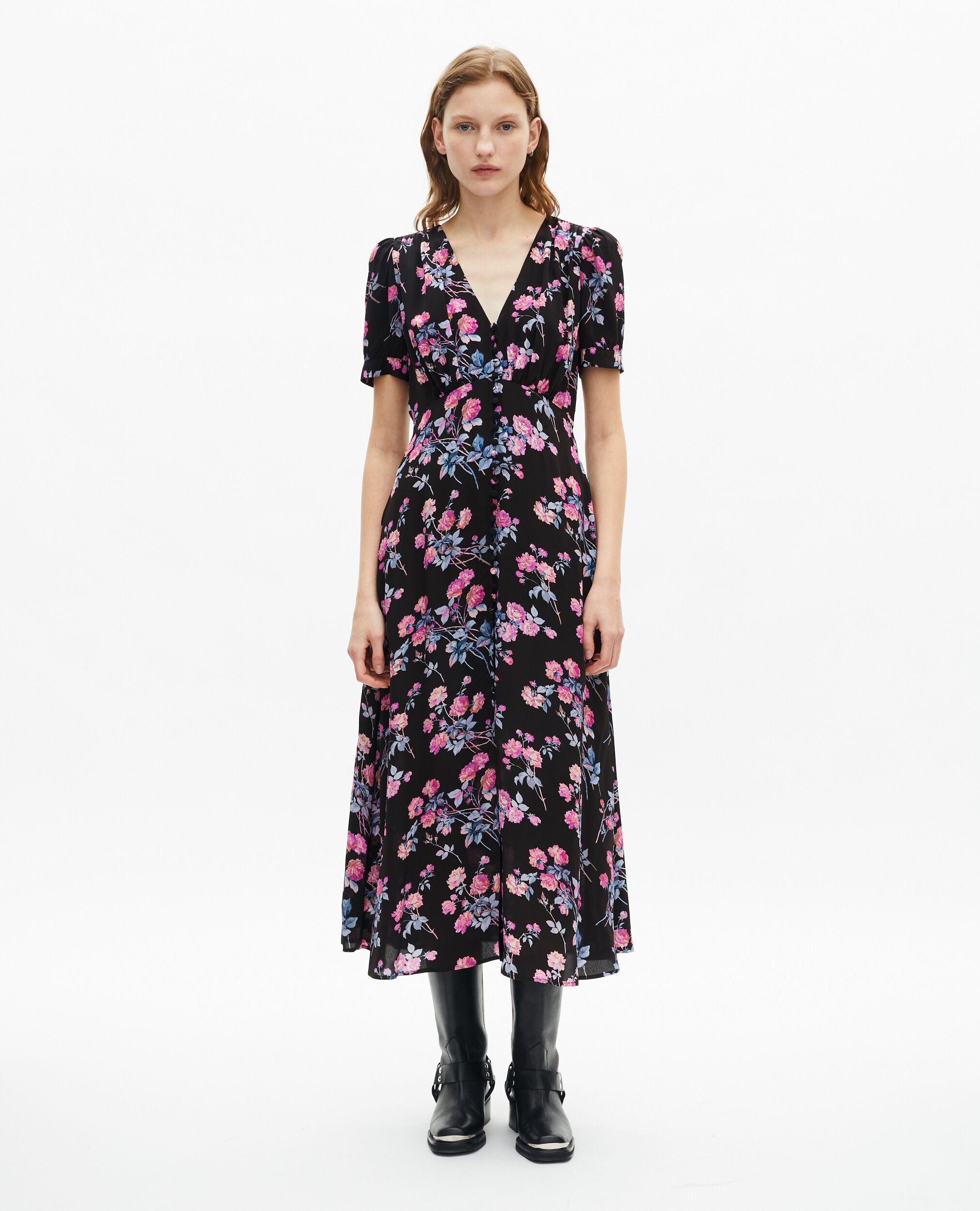 Black floral print long dress, BLACK / PINK, hi-res image number null