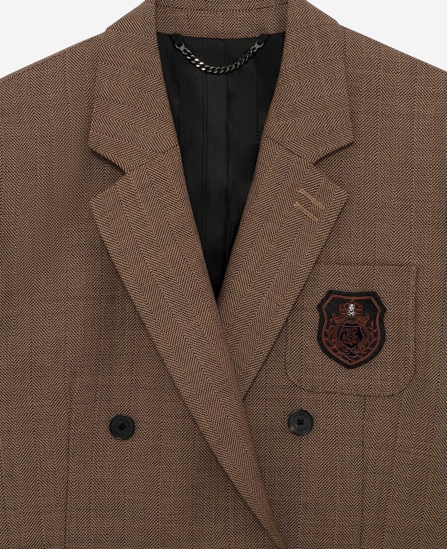 The Kooples WOMEN CAMEL double-breasted wool suit jacket with camel crest