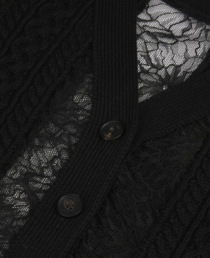 The Kooples FEMME BLACK cardigan en laine et dentelle noir