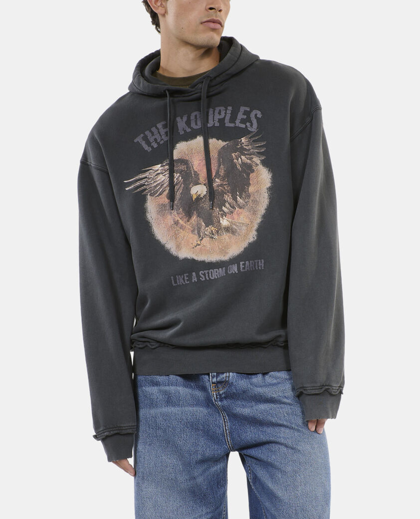 The Kooples HERREN BLACK WASHED schwarzes kapuzensweatshirt mit siebdruck