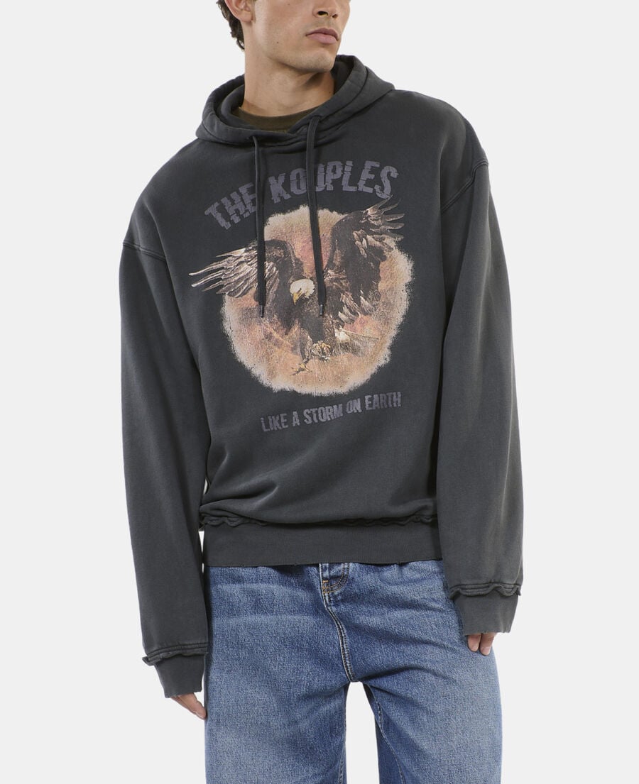 The Kooples H BLACK WASHED black hoodie with serigraphy