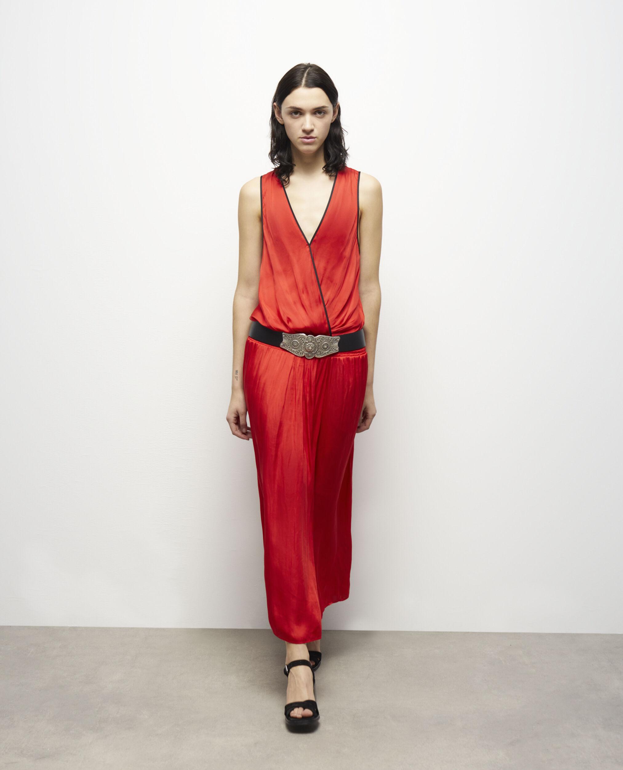 Long red satin dress, RED, hi-res image number null