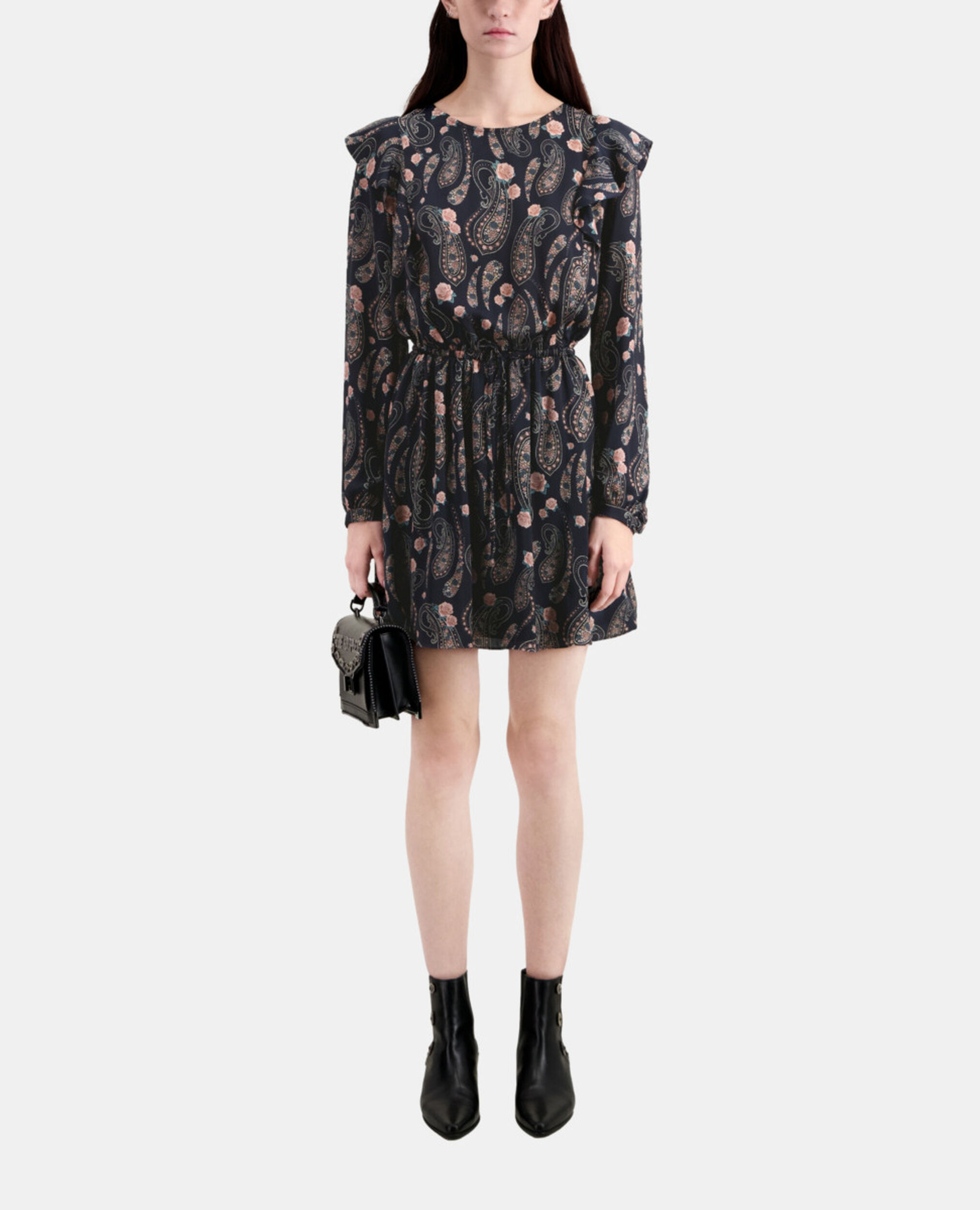 Short printed dress with ruffles, BLACK / PINK, hi-res image number null