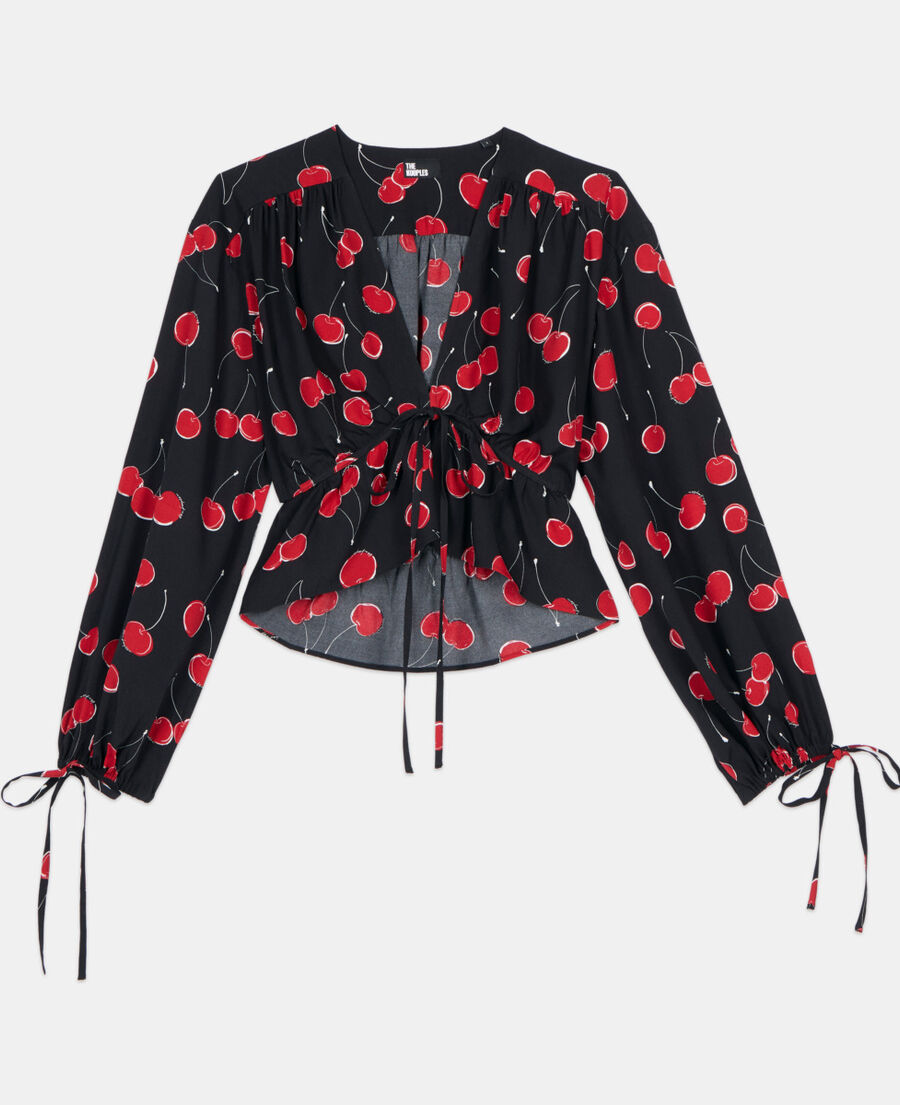 The Kooples F BLACK - RED cherry printed cropped top with ruffles