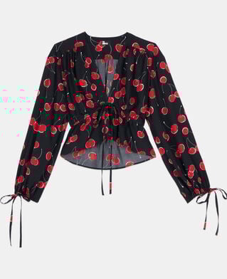 The Kooples F BLACK - RED cherry printed cropped top with ruffles