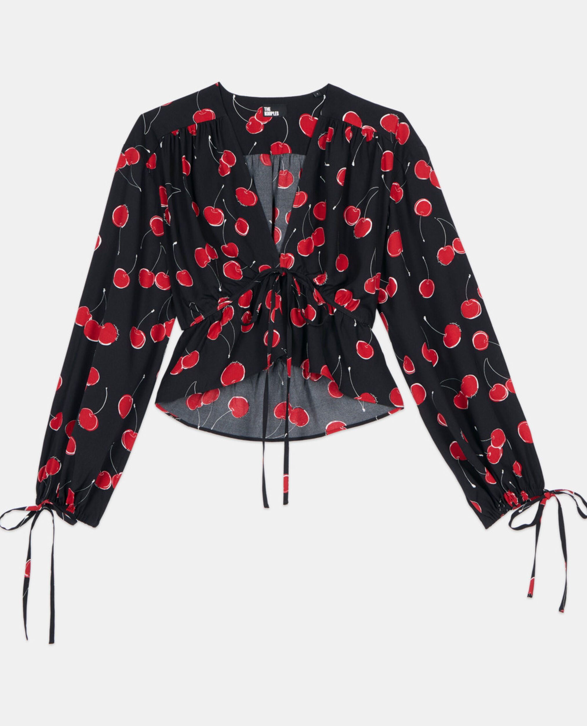 Cherry printed cropped top with ruffles, BLACK - RED, hi-res image number null