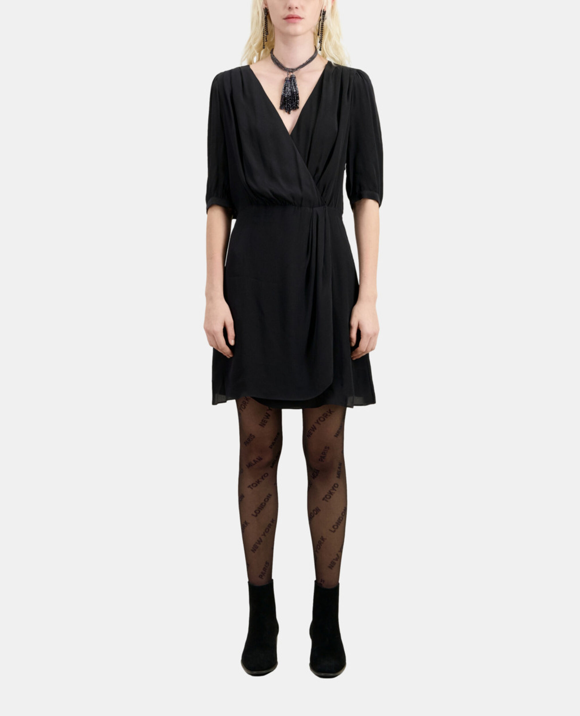 Robe courte noire en soie effet drapé, BLACK, hi-res image number null