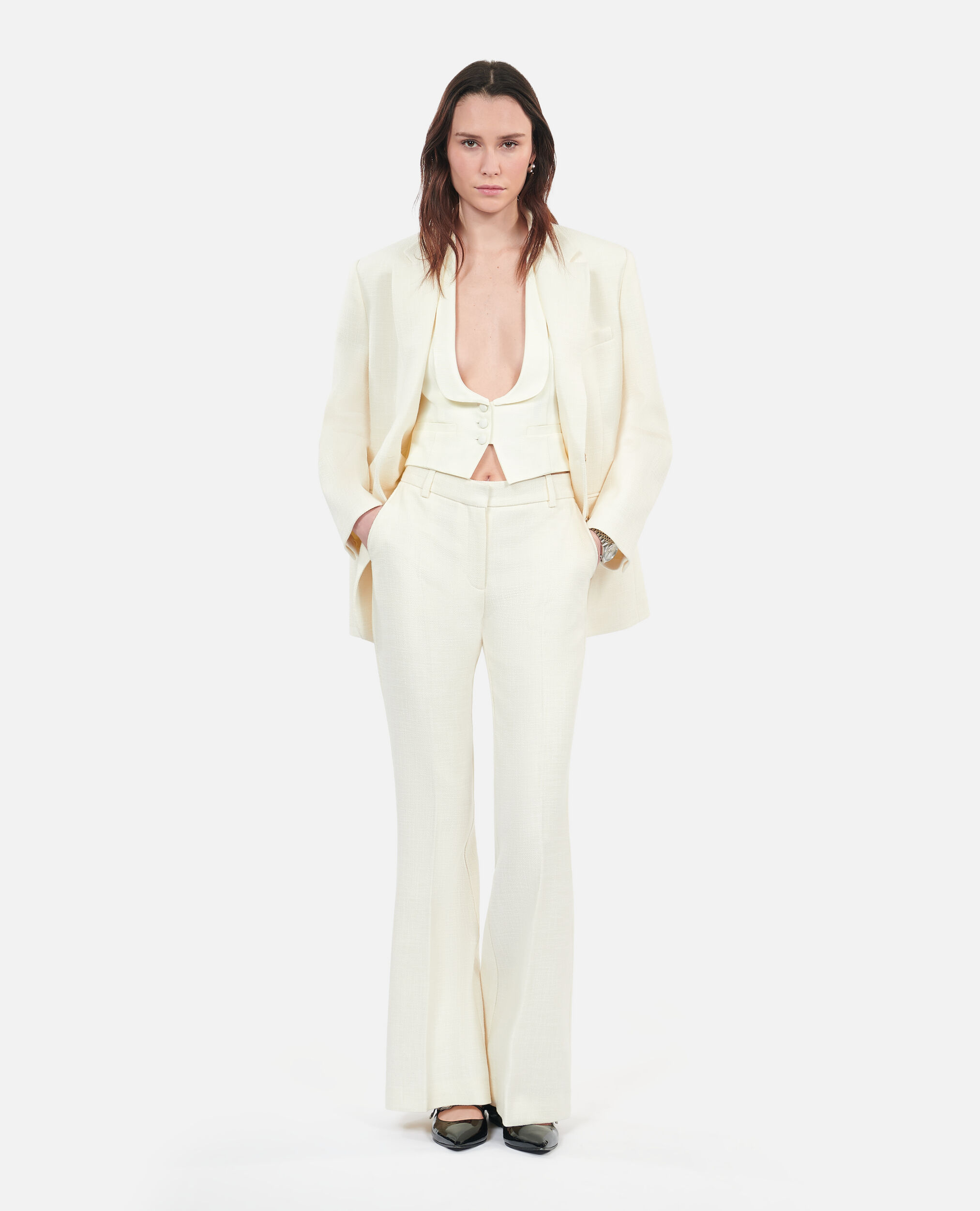 Pantalon tailleur flare en laine ecru