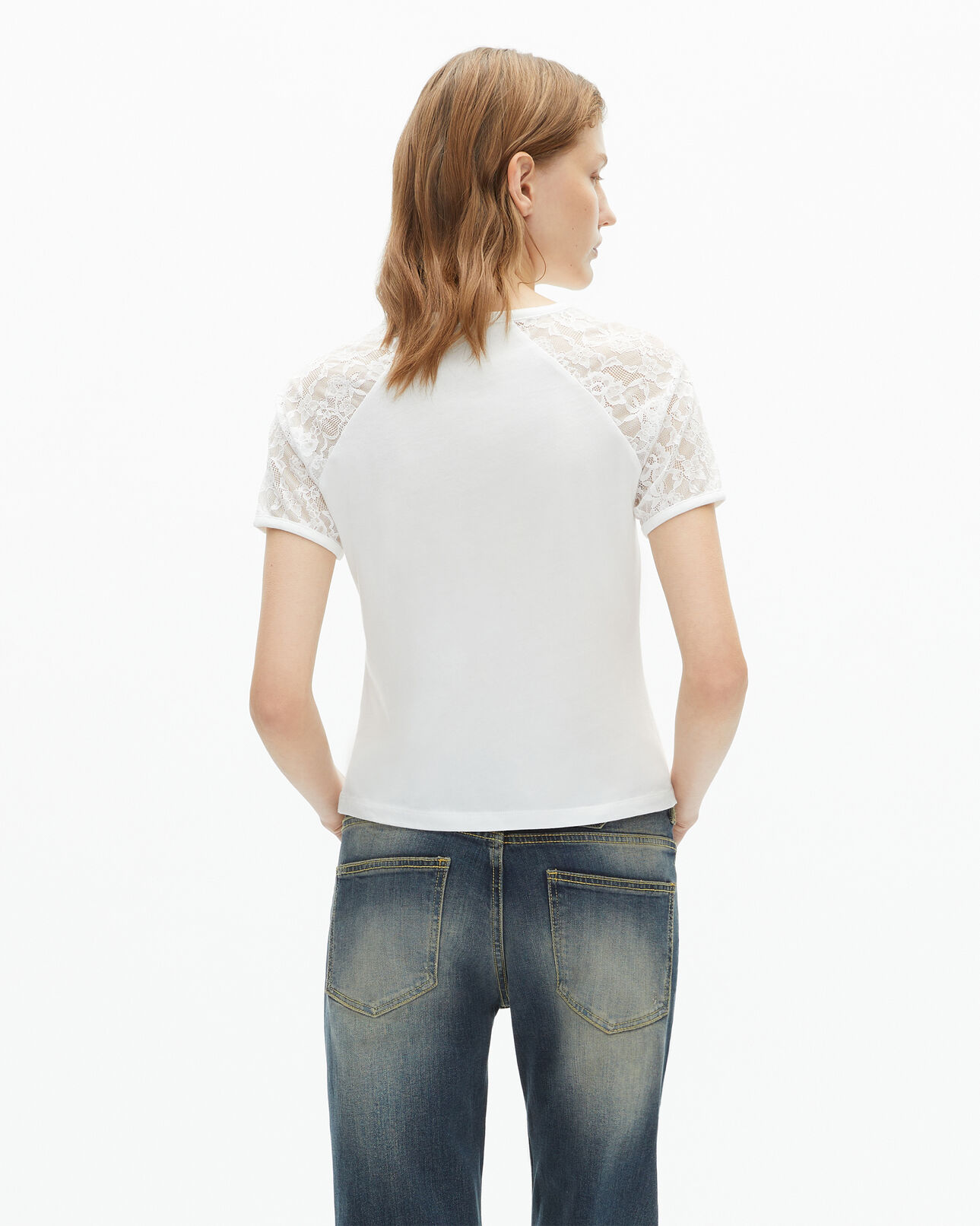 The Kooples FEMME ECRU t-shirt manches en dentelle blanc