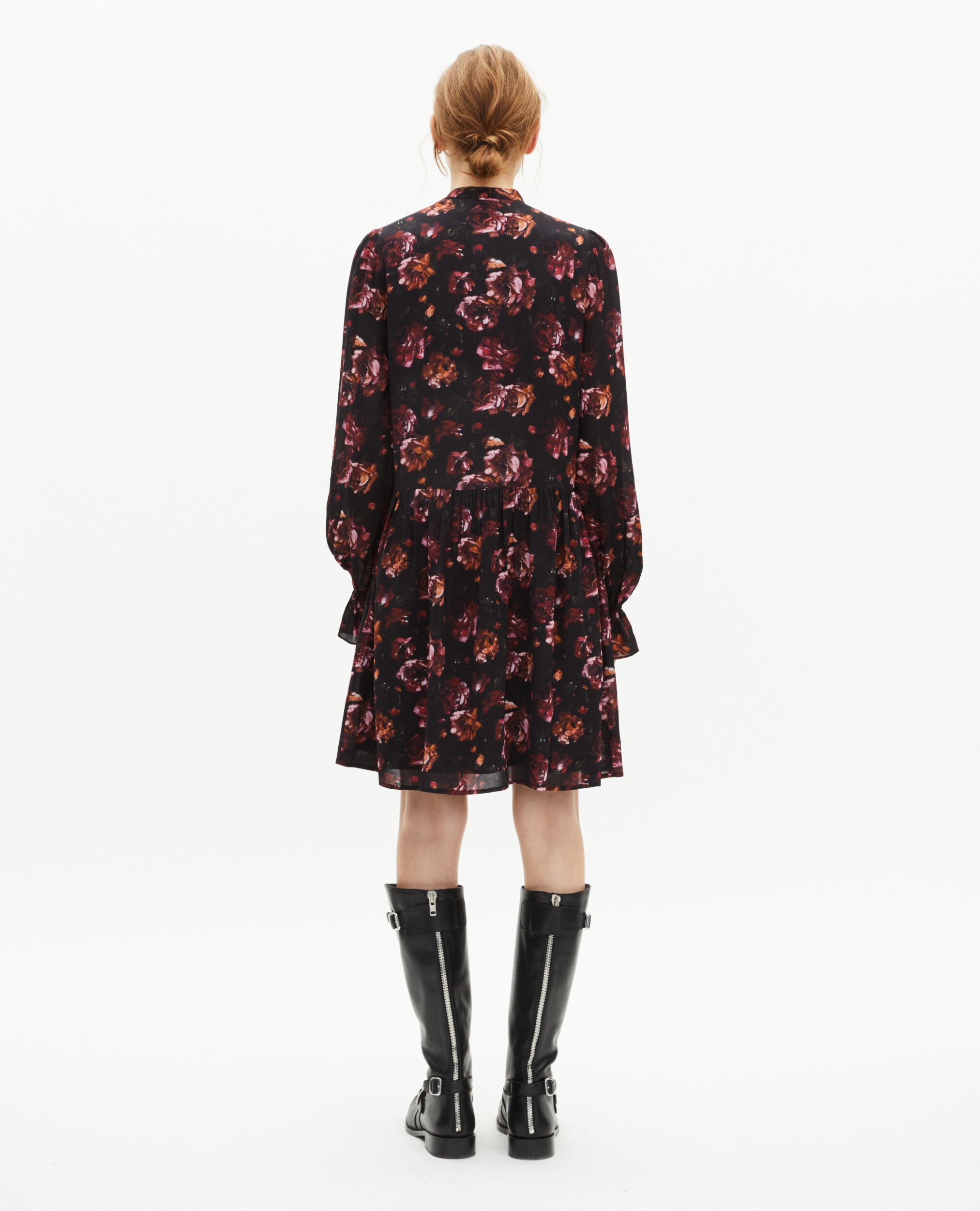Kurzes Kleid mit Rosenmuster aus bordeauxroter Seidenmischung, BLACK - RED, hi-res image number null